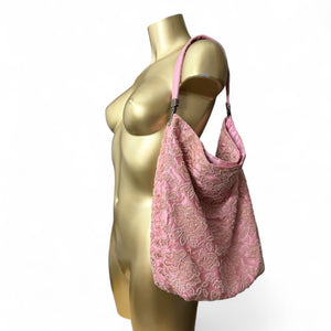 Baby pink pearls embroidered shoulder bag (36x37cm)