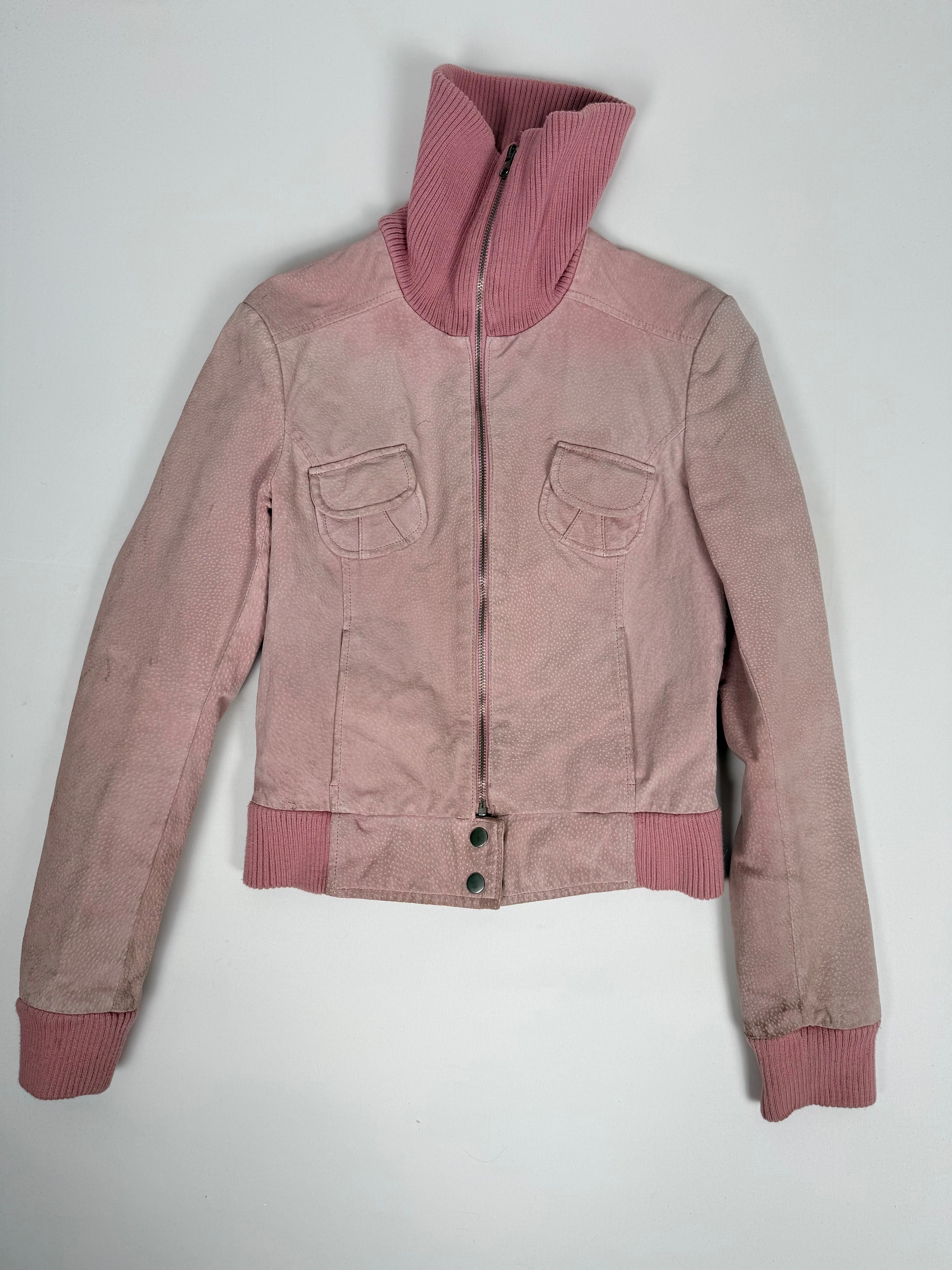 Pink real suede leather biker jacket (M)