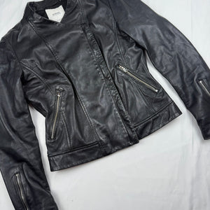 Black real leather tight fit biker jacket (XS)