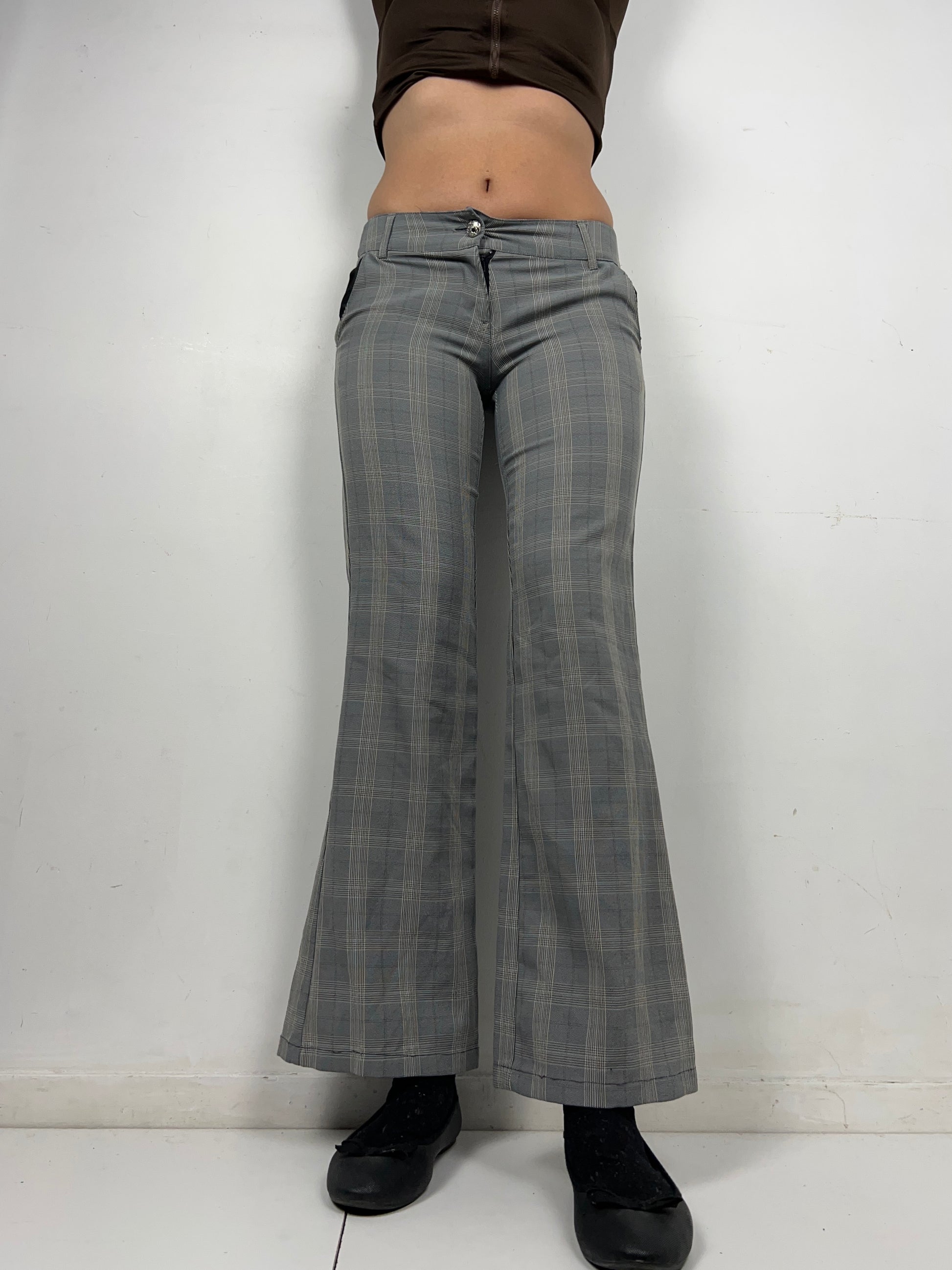 Grey check print stretchy bootcut/ flare office pants (S)