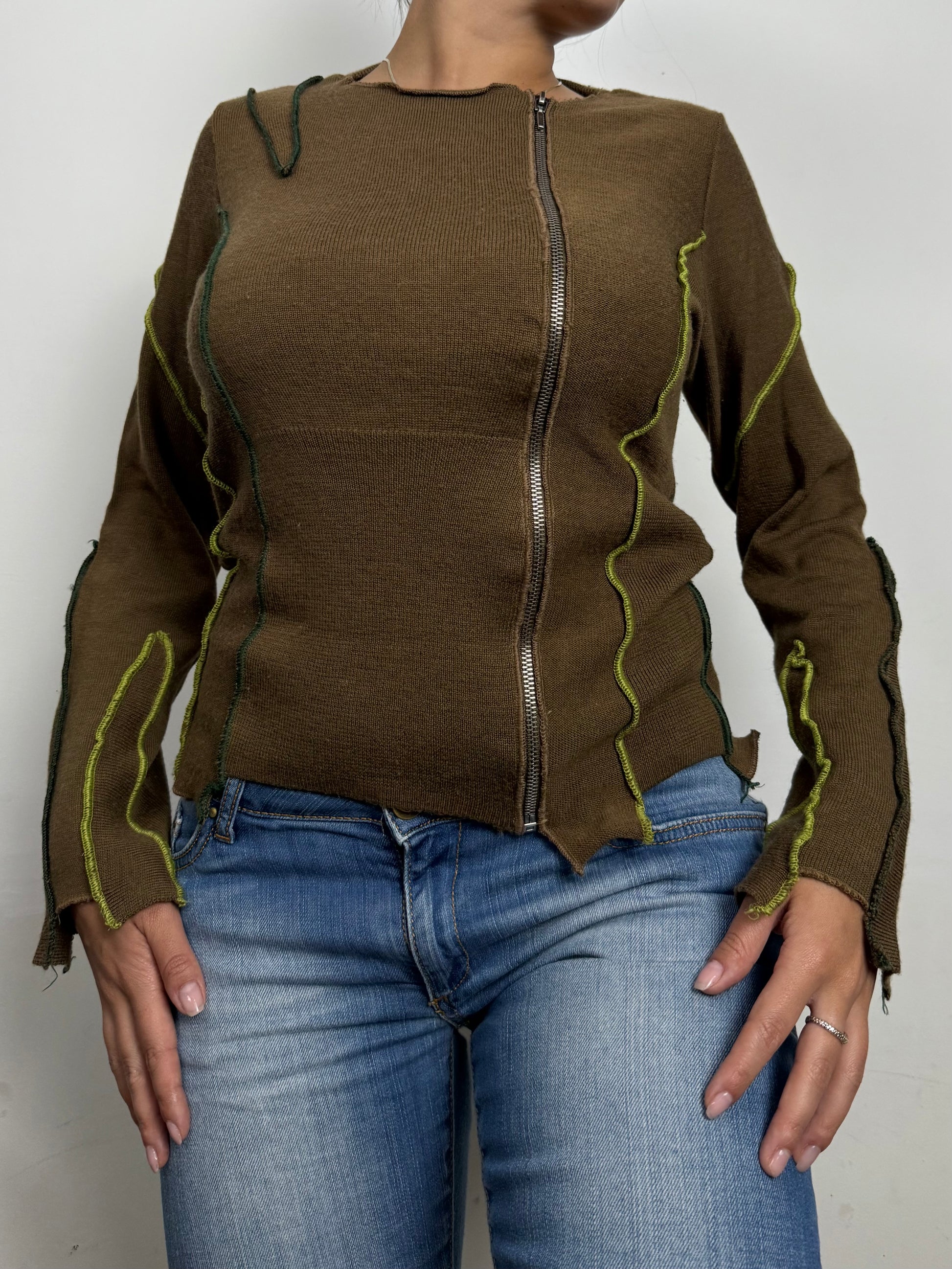 Khaki zip up asymmetric jumper (S/M)