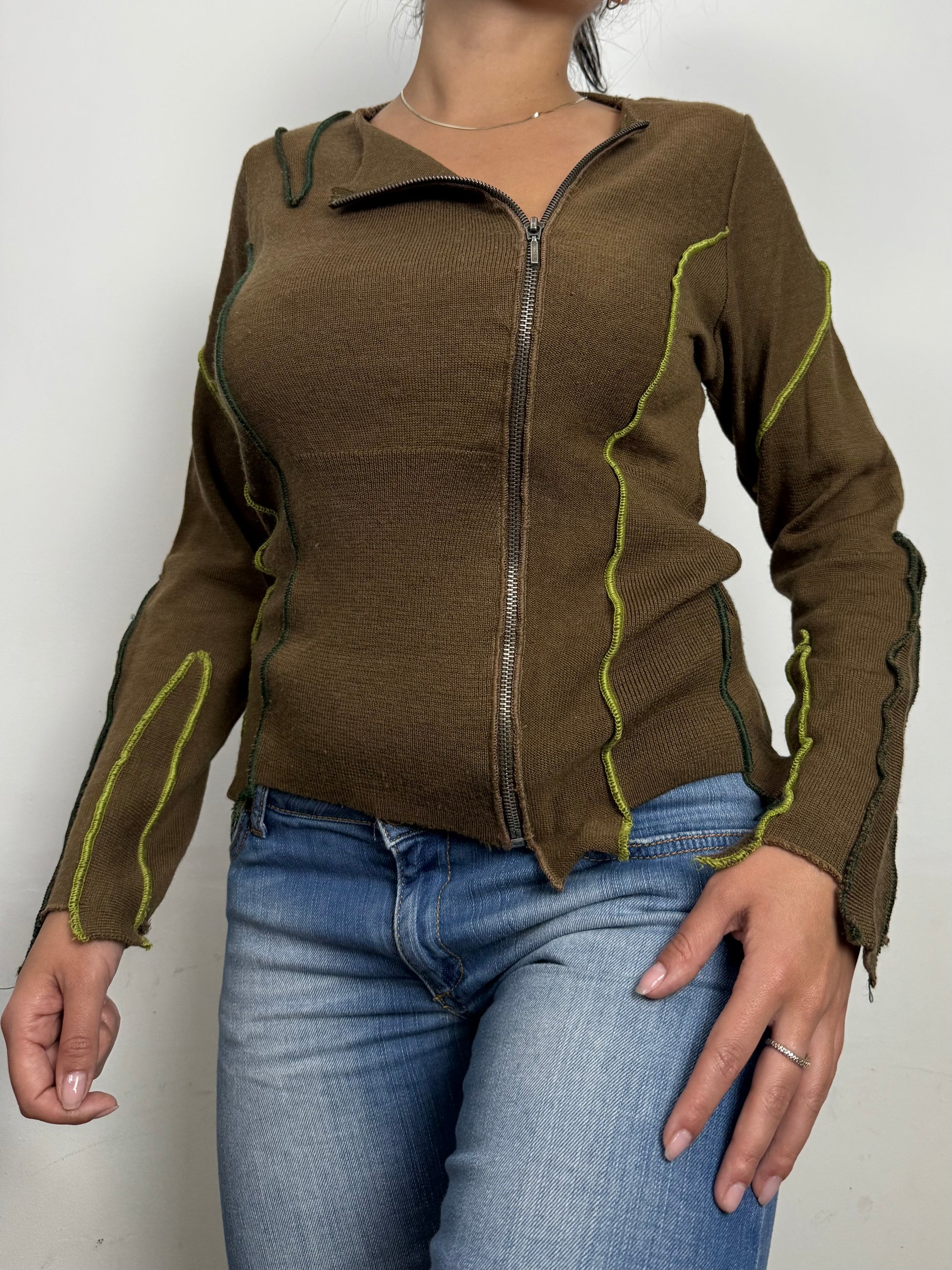 Khaki zip up asymmetric jumper (S/M)