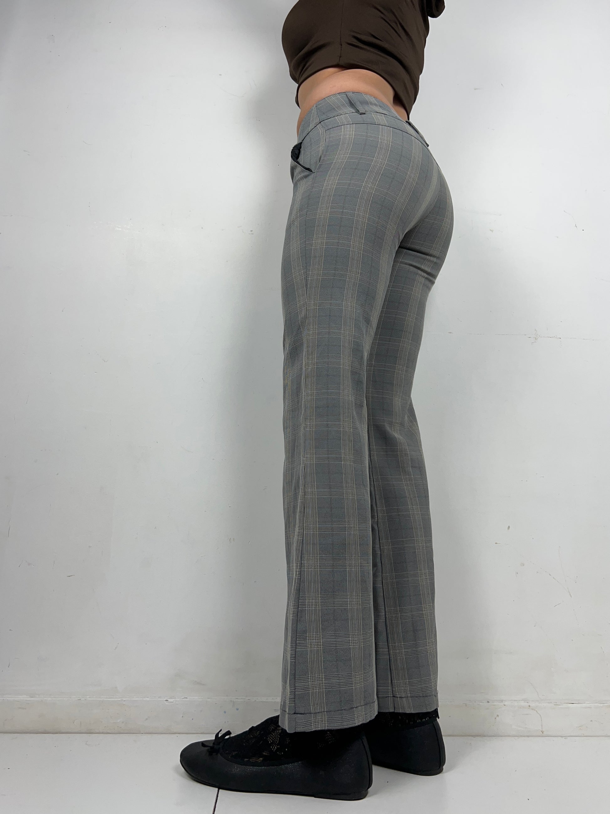 Grey check print stretchy bootcut/ flare office pants (S)