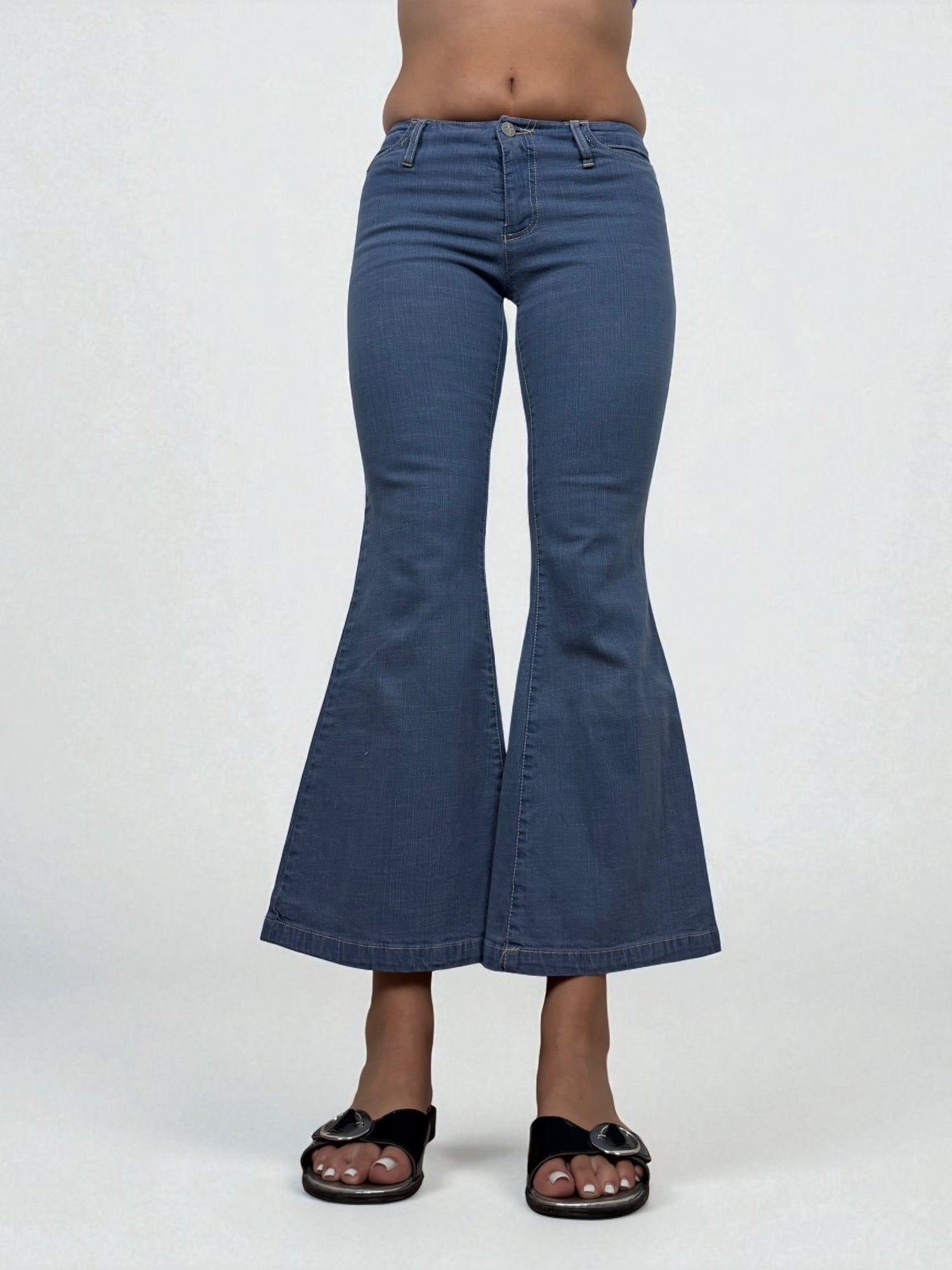 Blue denim low rise flare pants (XS)