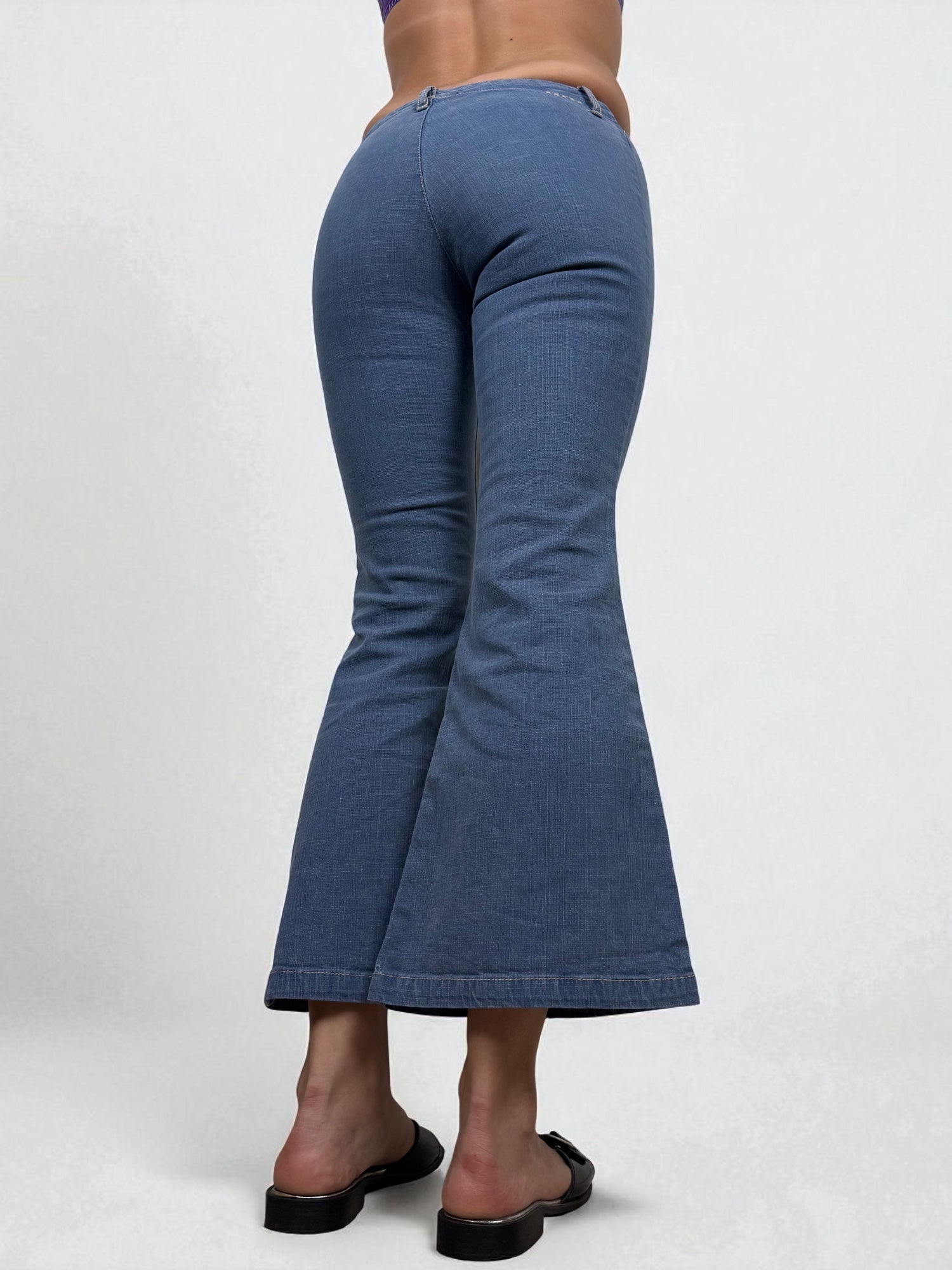 Blue denim low rise flare pants (XS)