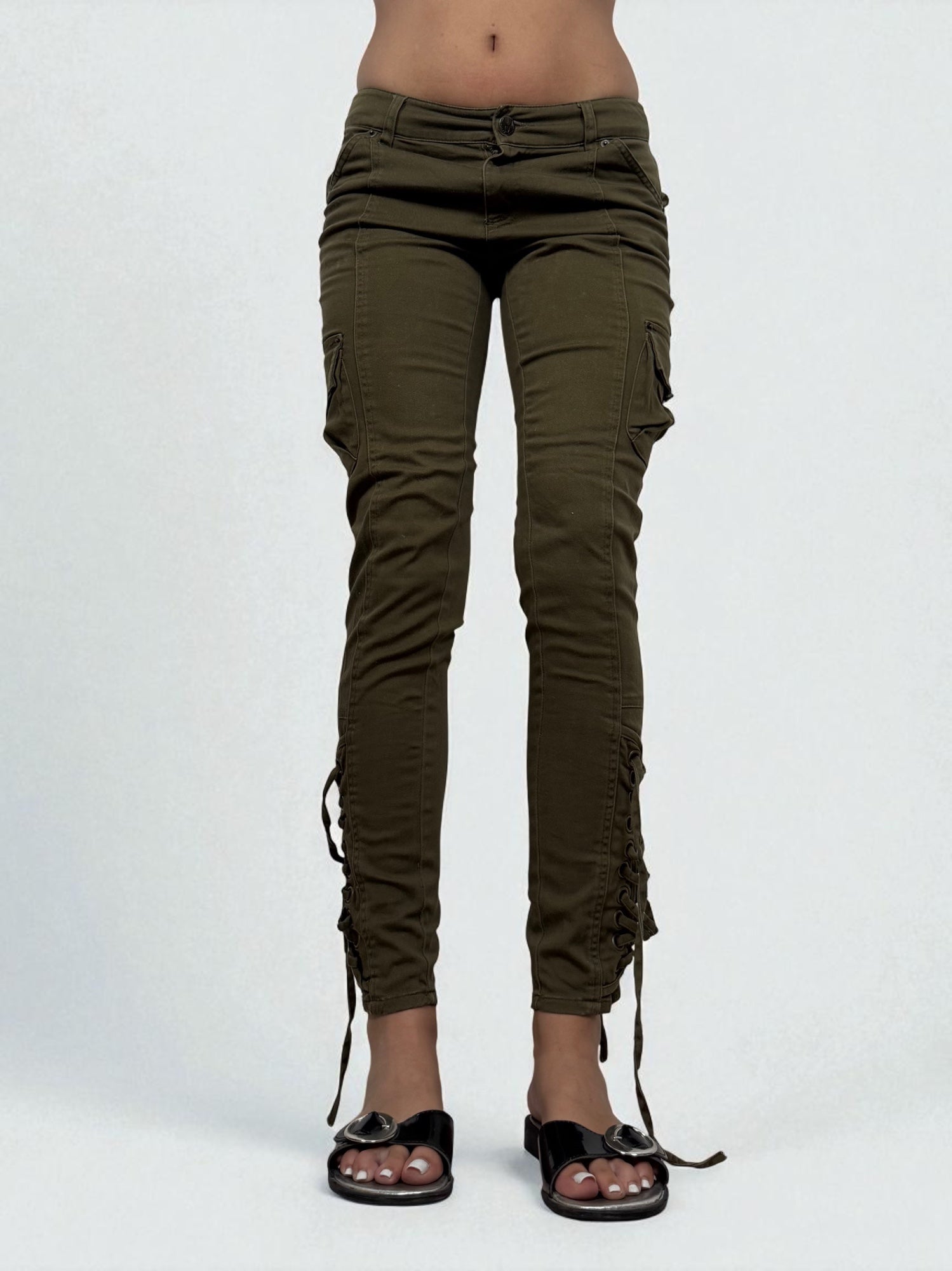 Khaki lace up denim low rise pants (S)