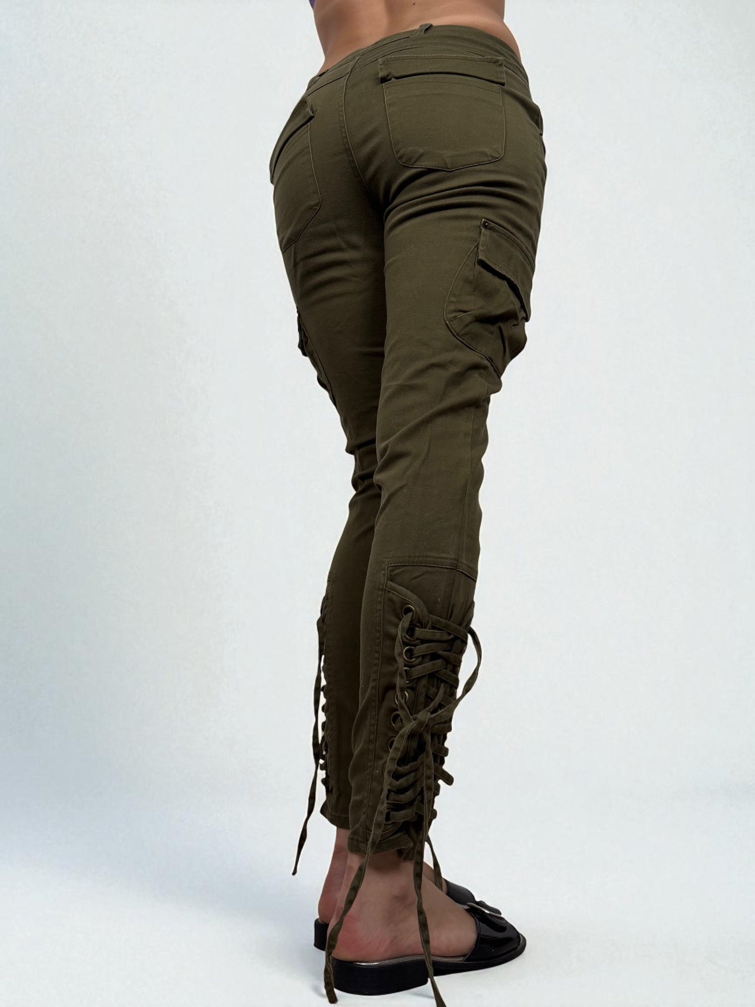 Khaki lace up denim low rise pants (S)