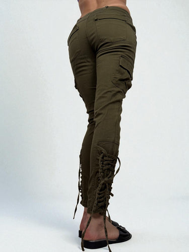 Khaki lace up denim low rise pants (S)