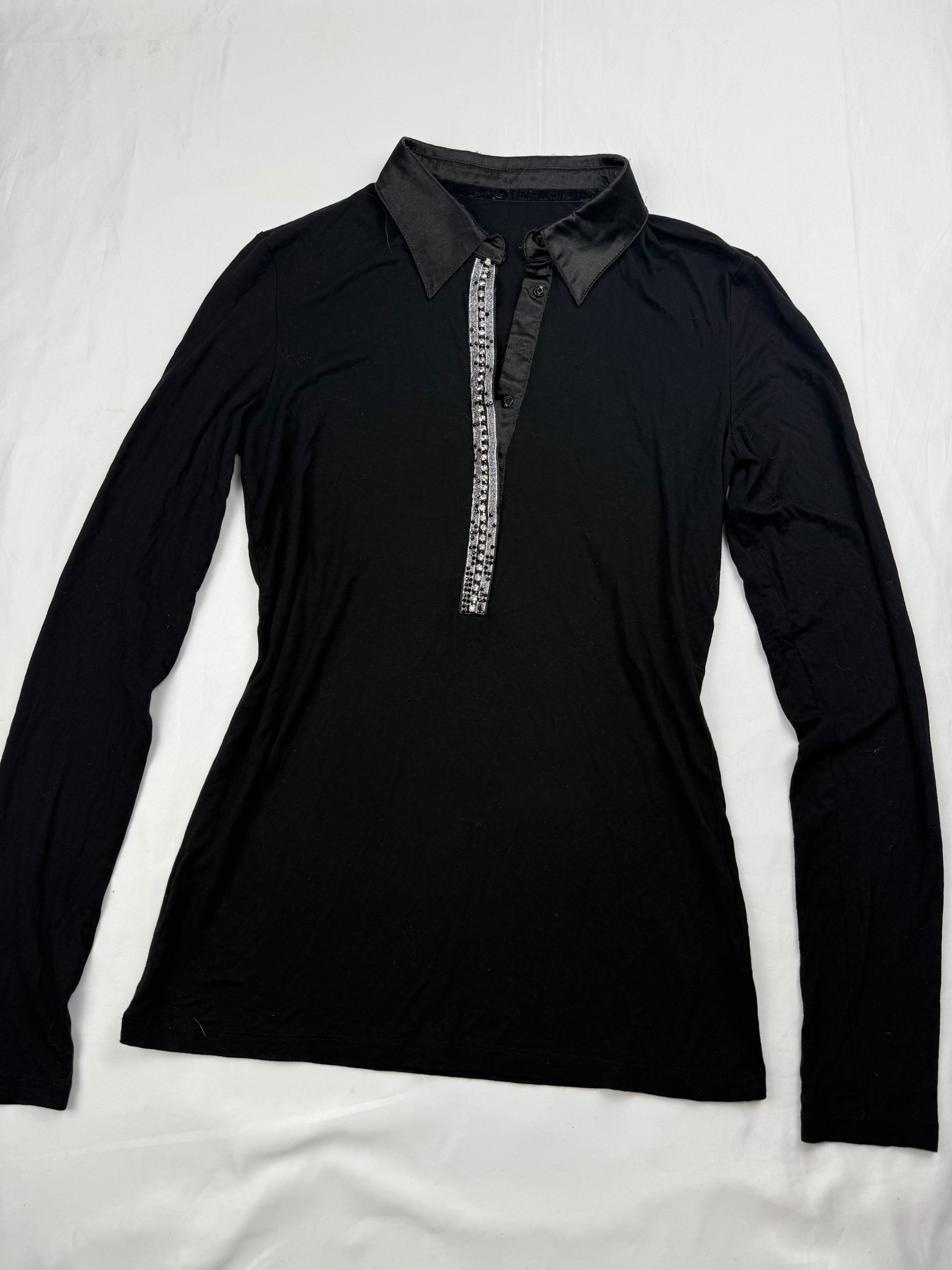 Black rhinestones detail tight fit long sleeves top (S/M)
