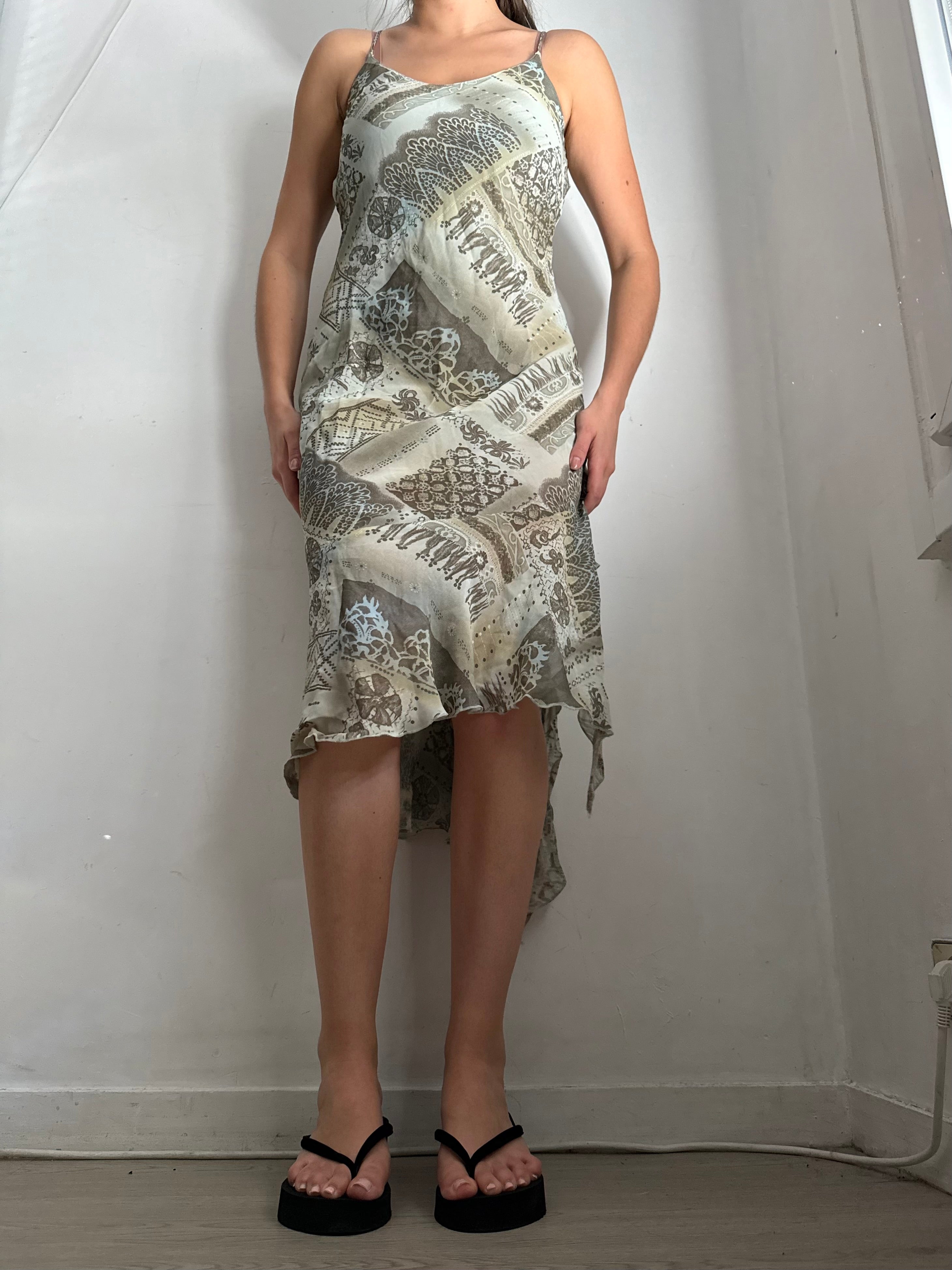 Khaki graphic mesh lined maxi dress (S/M)