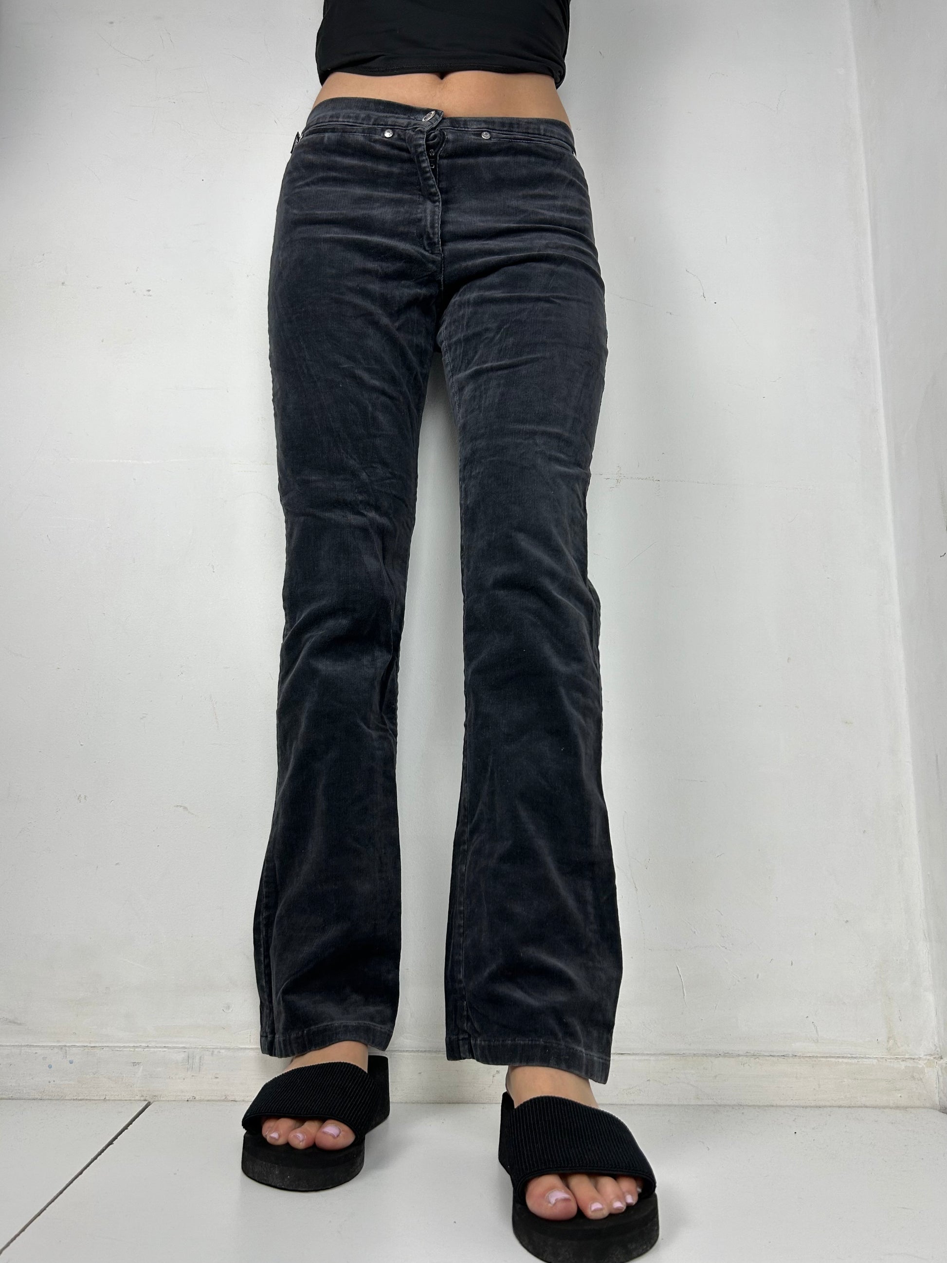 Black velvet ribbed denim mid rise bootcut pants (S)