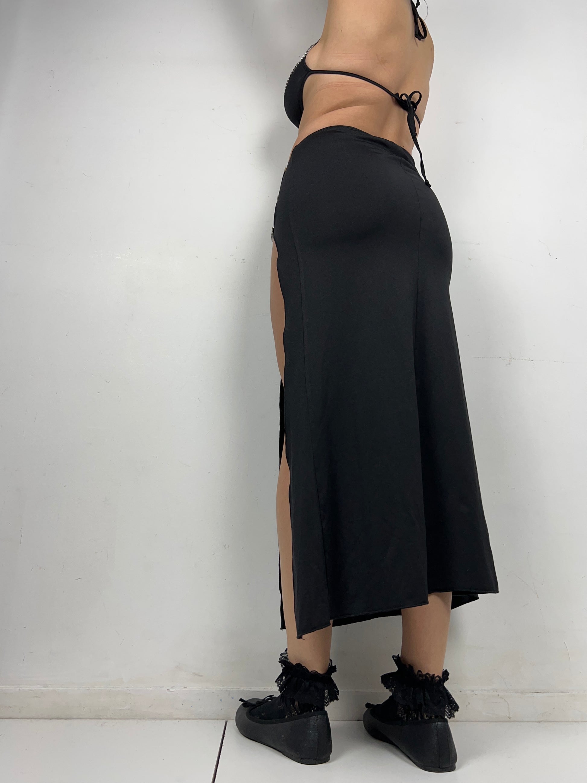 Black asymmetric stretchy backless maxi dress (S/M)