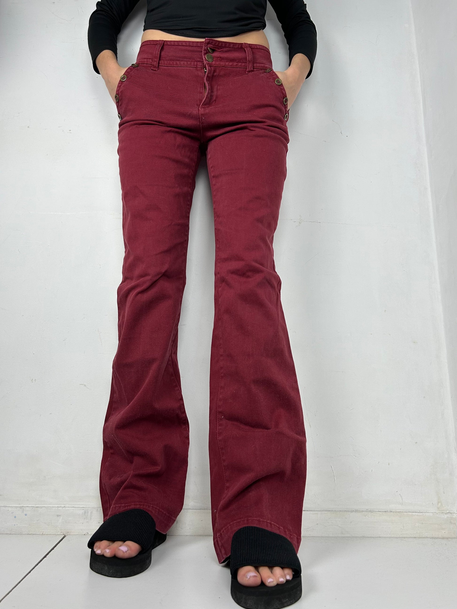 Red denim low rise bootcut pants (S/M)