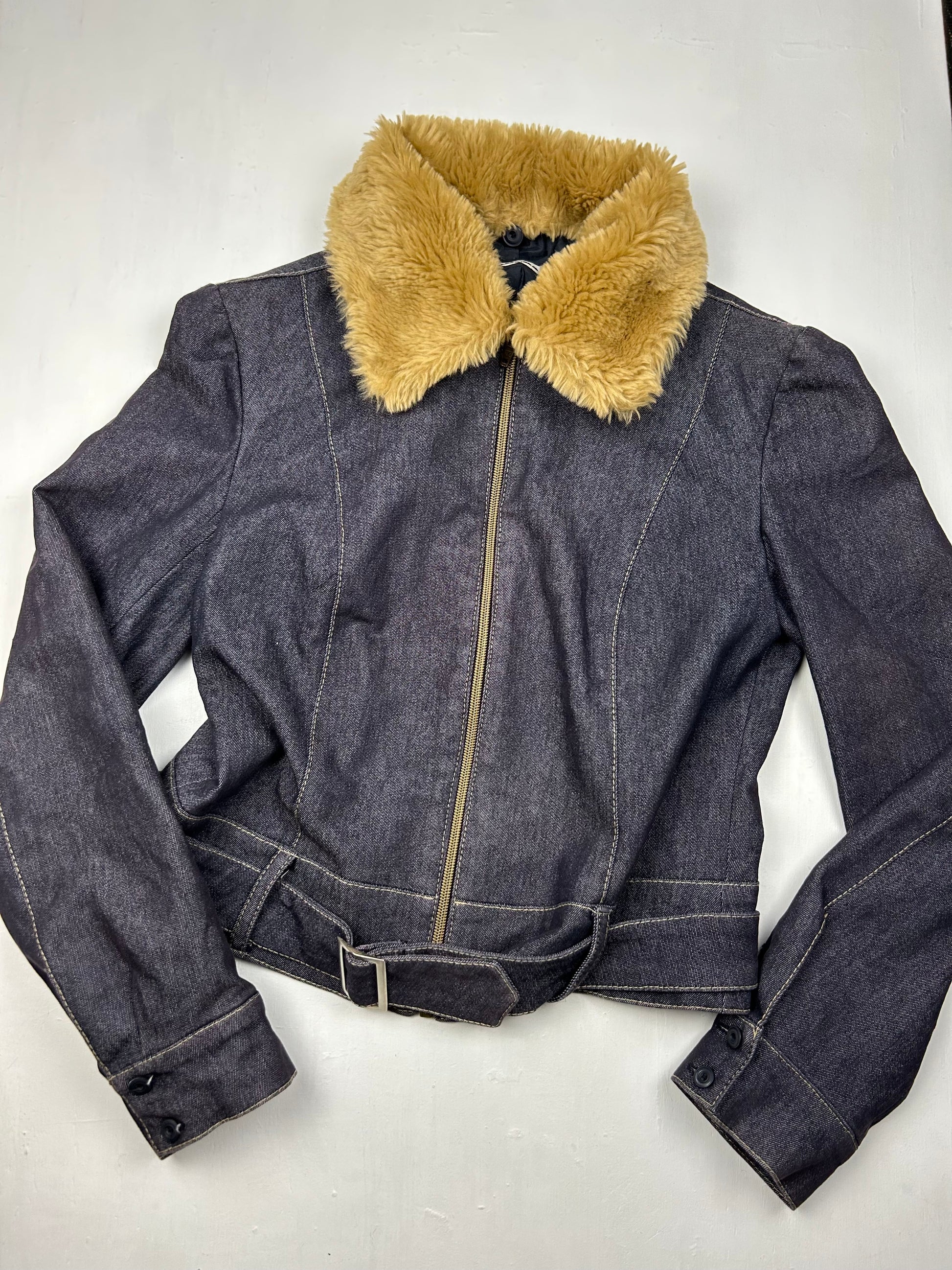 Navy denim biker jacket with faux fur neck (S)