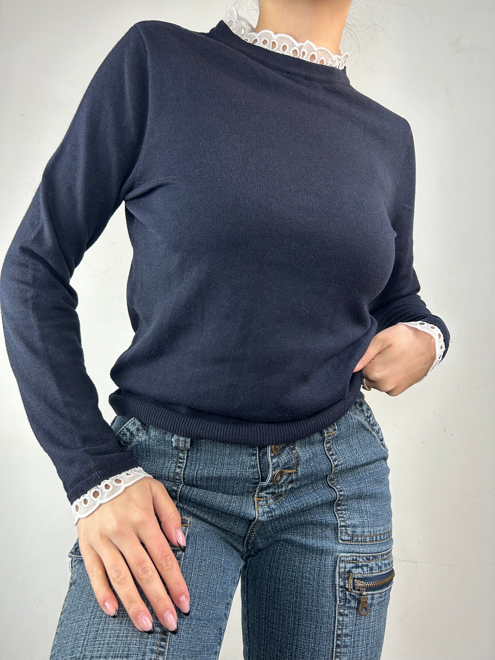 Navy lace neck coquette jumper (S/M)