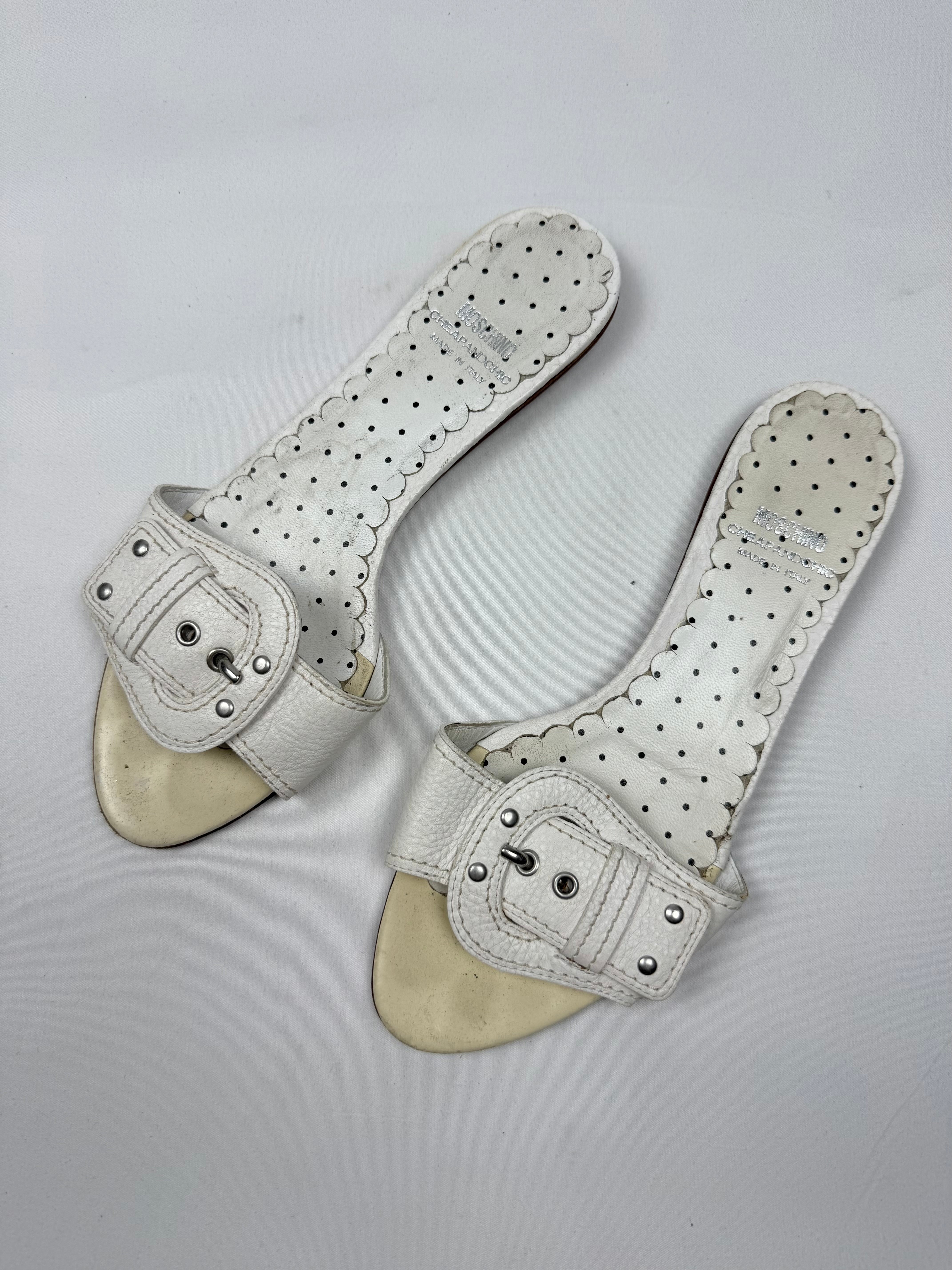 White buckle belt real leather mules (37)