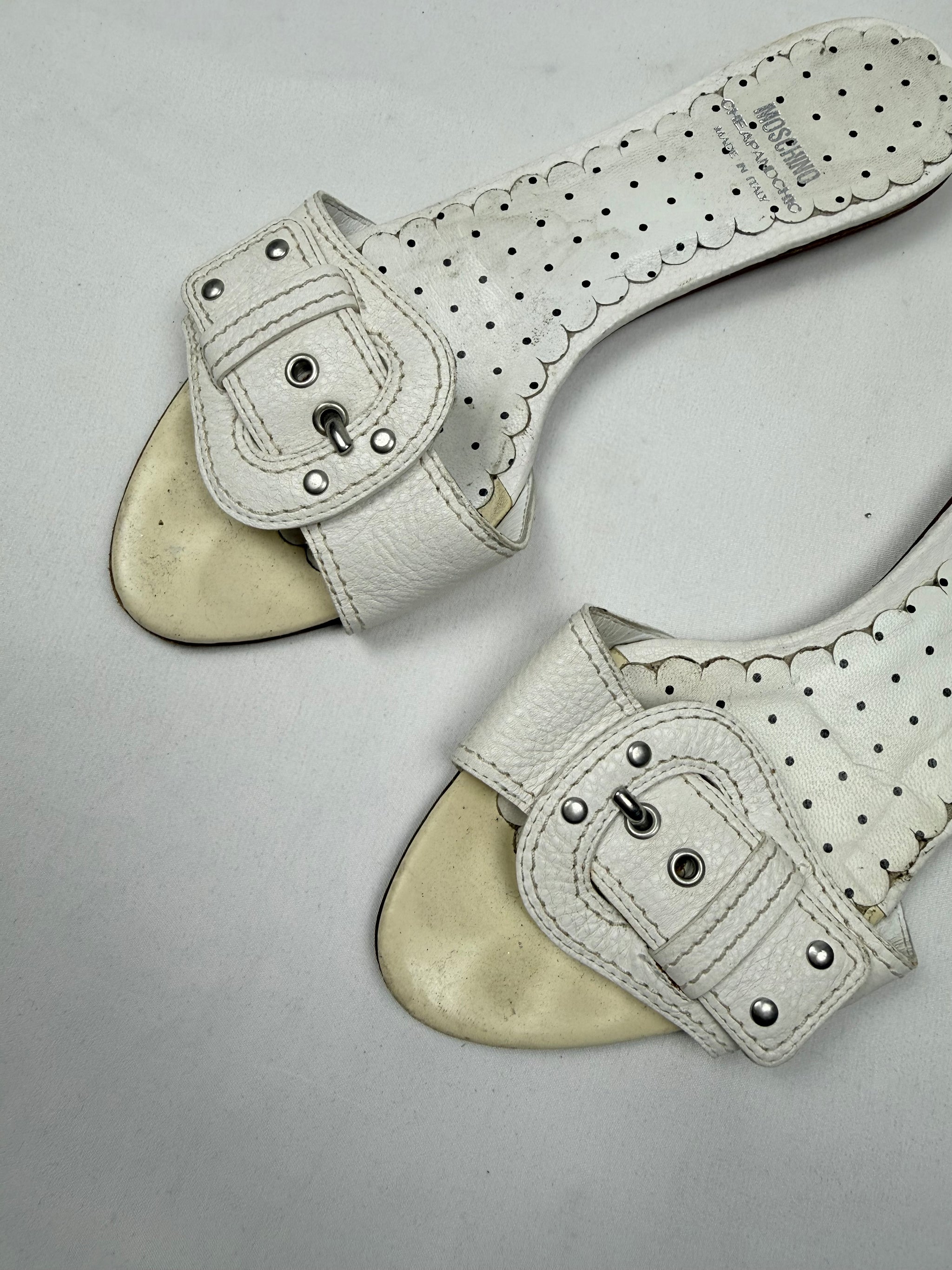 White buckle belt real leather mules (37)