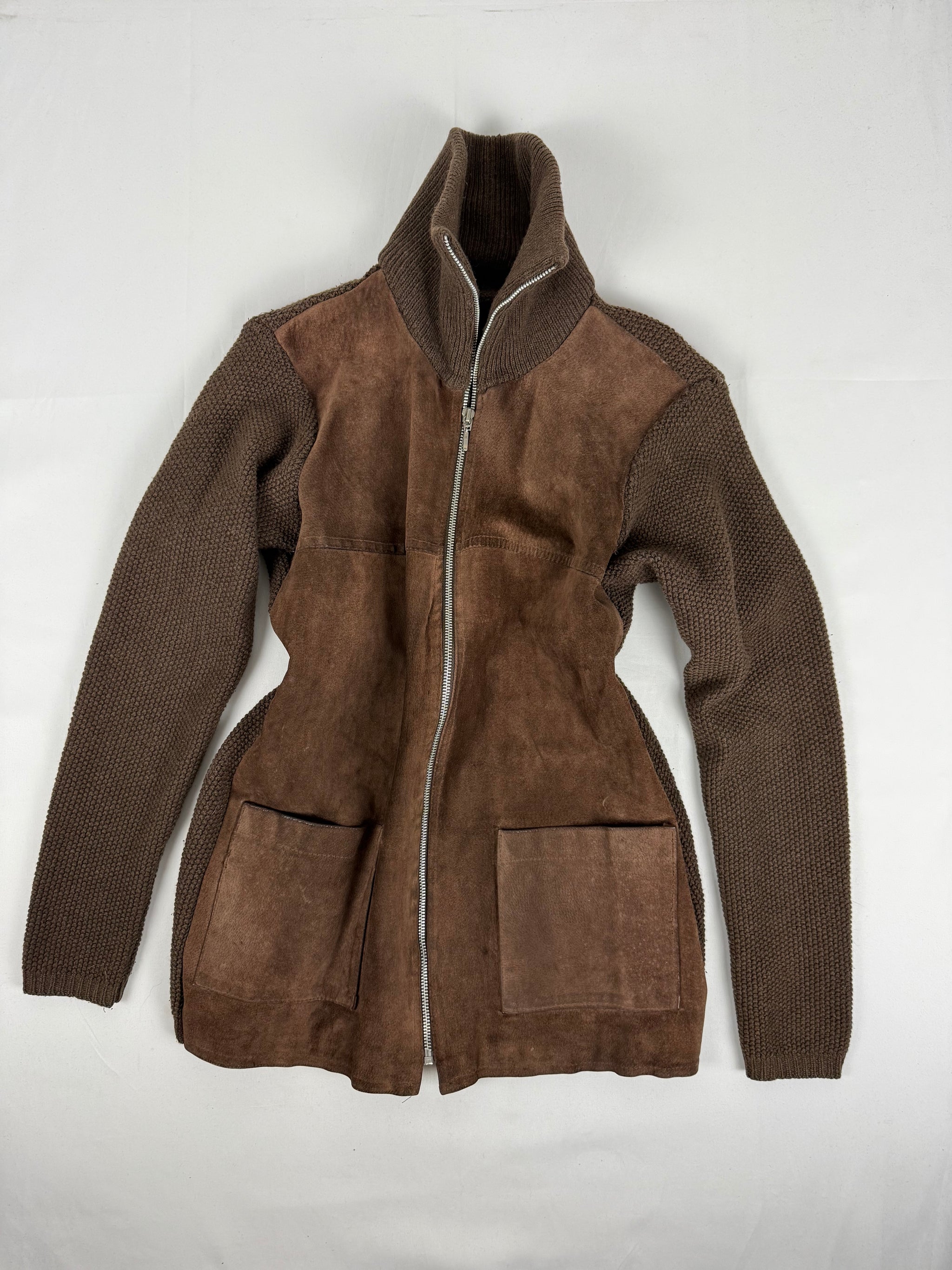 Brown real suede leather bi fabric biker jacket (M/L)