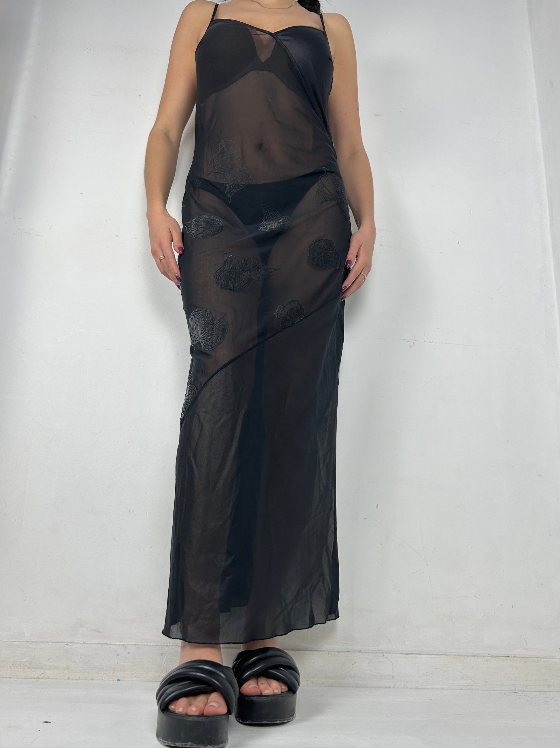 Black see trough embroidered mesh maxi dress (S/M)