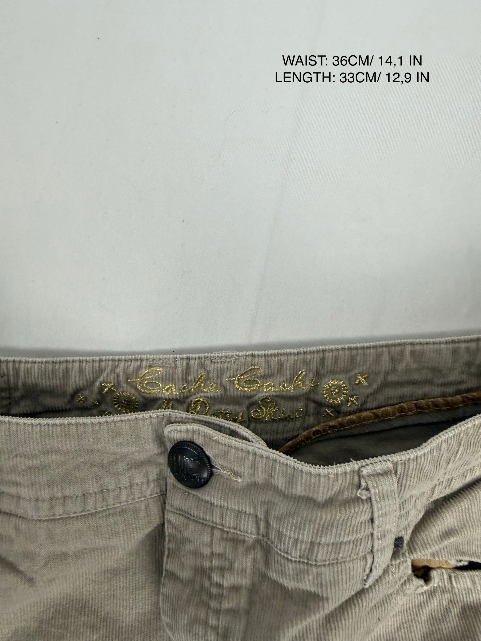 Beige ribbed velvet denim low rise mini skirt (S)