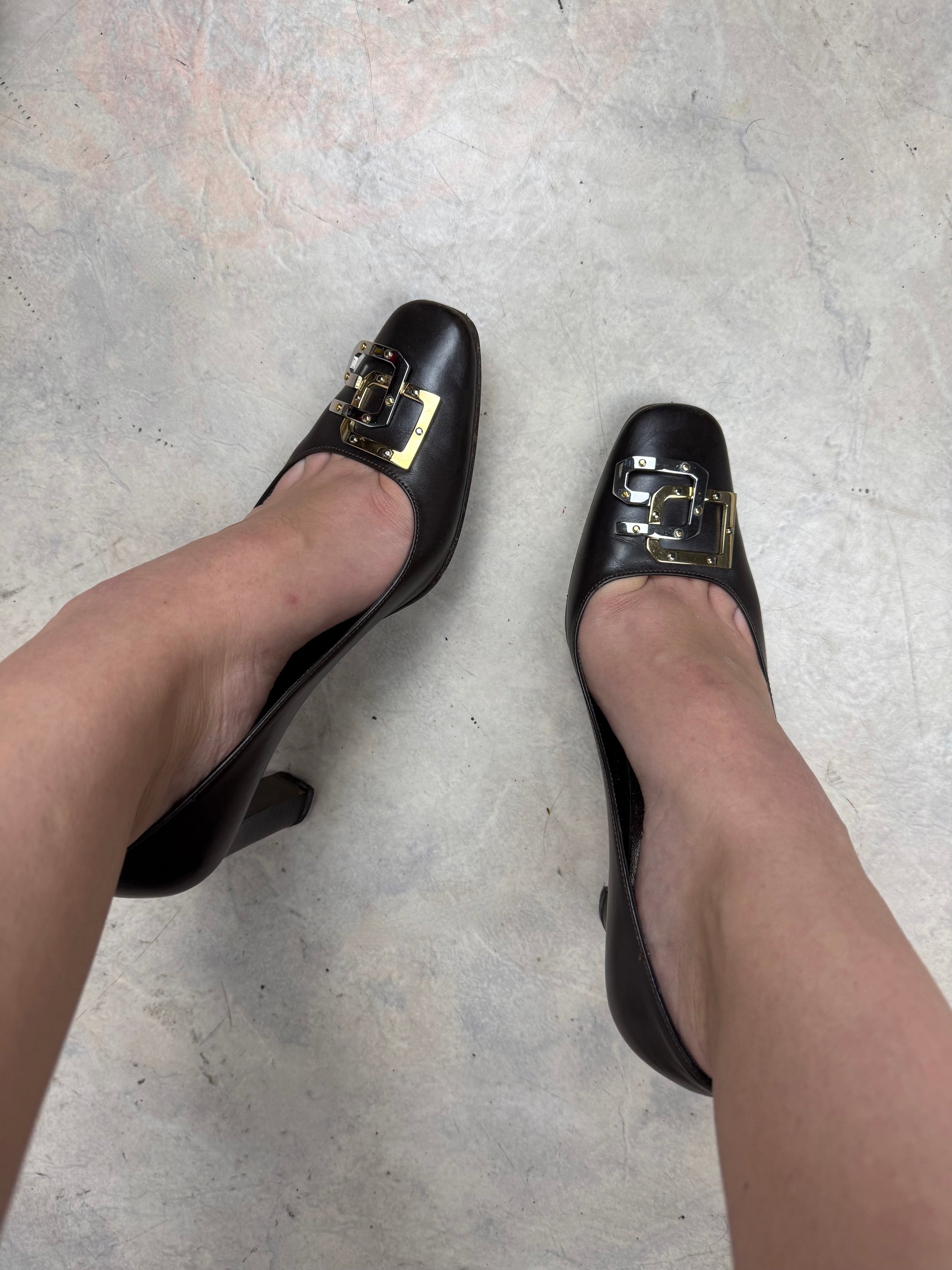 Brown leather square toes heels (37)