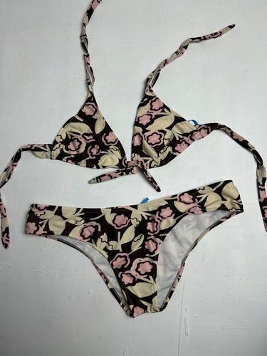 Brown floral print y2k vintage adjustable bikini set (M/L)