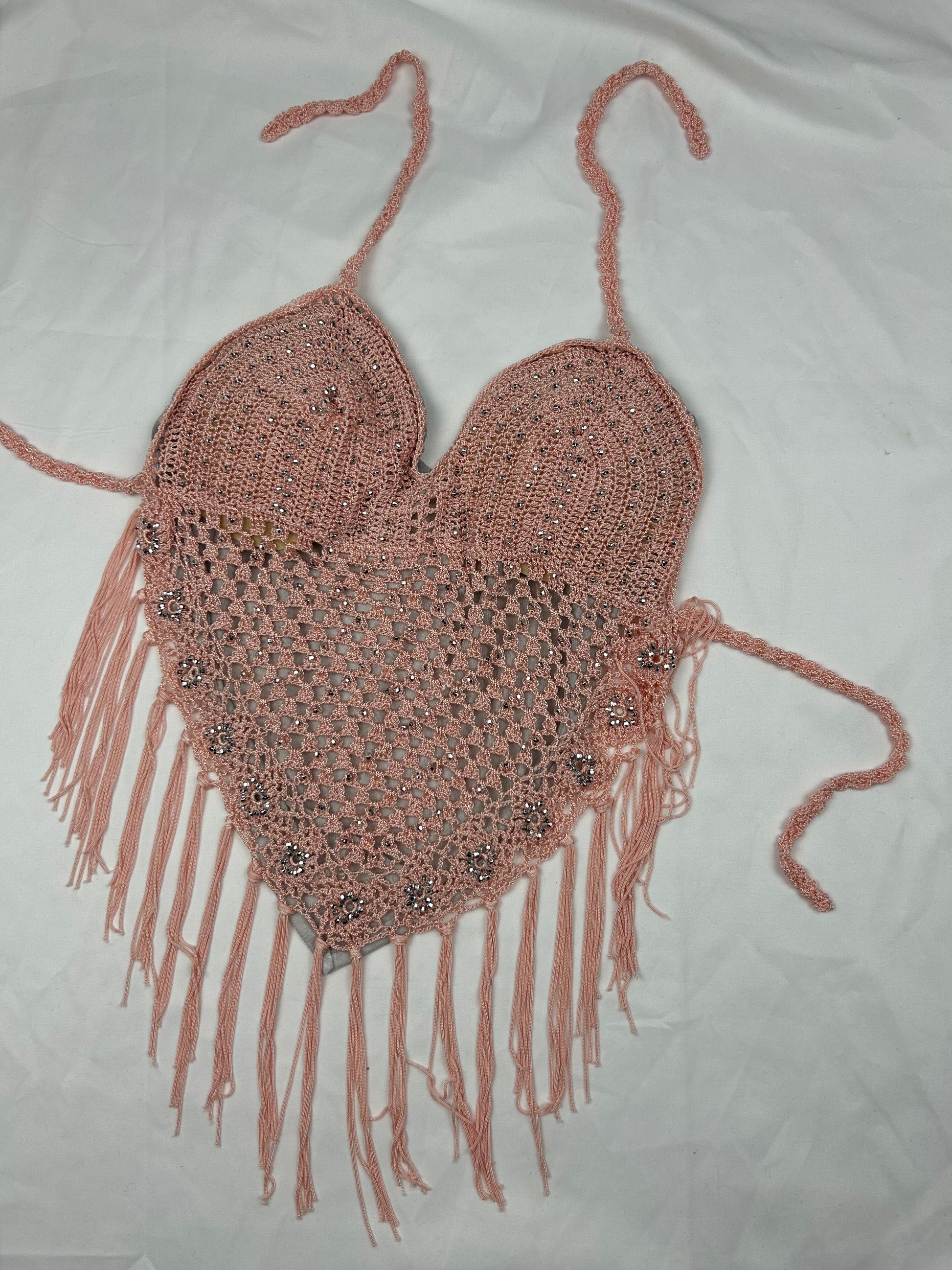 Pink crochet lined halter top (S)