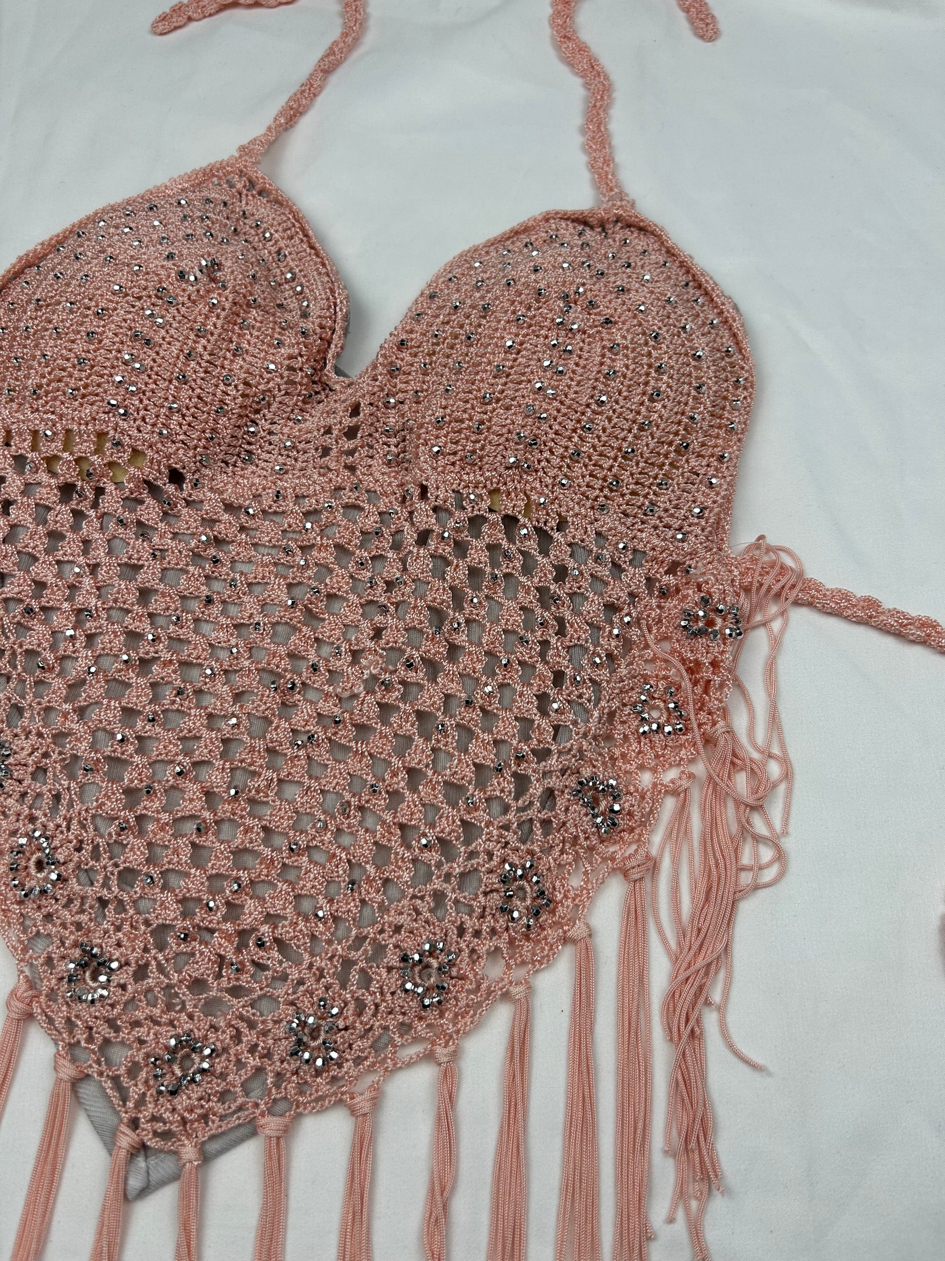 Pink crochet lined halter top (S)