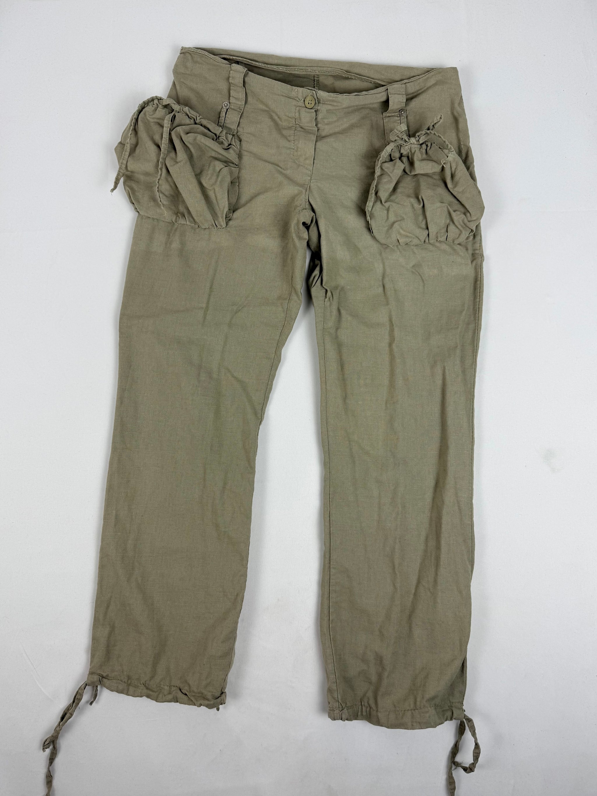 Khaki 100% linen utility low rise capri pants (M)