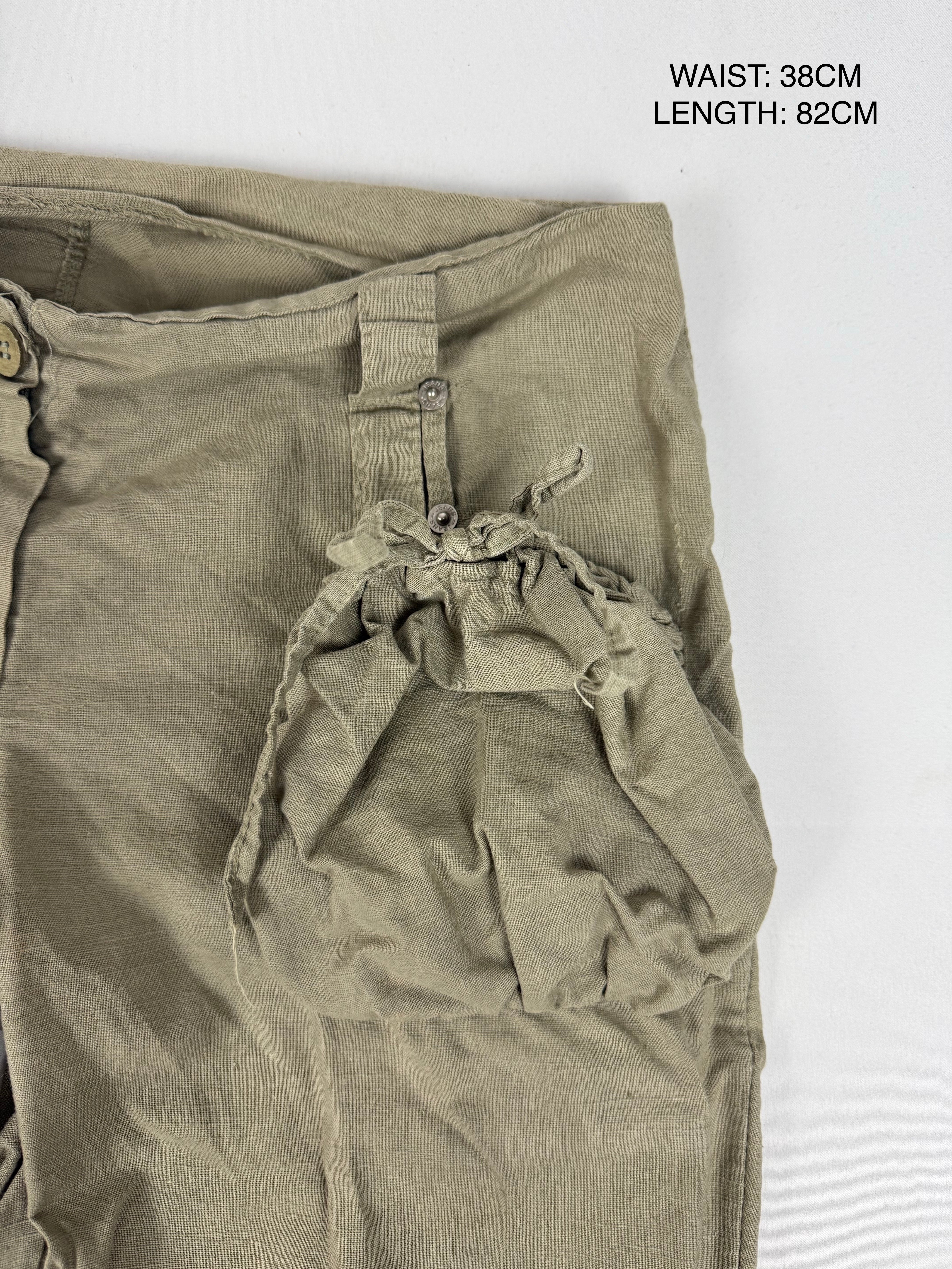Khaki 100% linen utility low rise capri pants (M)