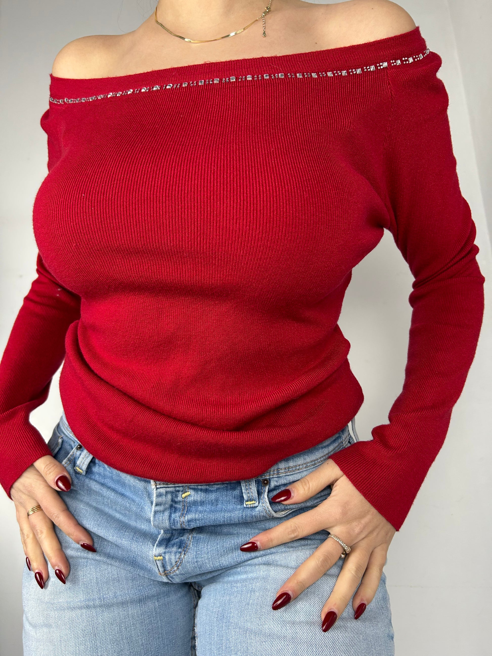 Red bardot strass detail jumper (S)