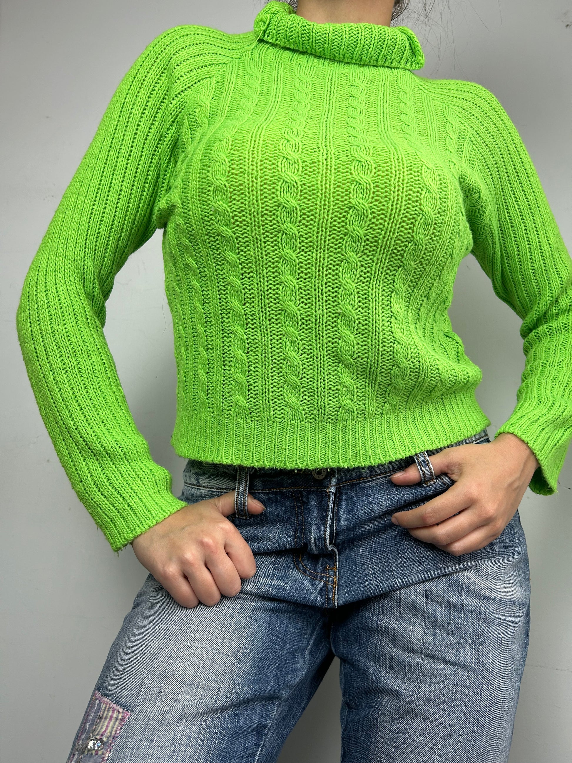 Neon green high neck knitted jumper (S/M)