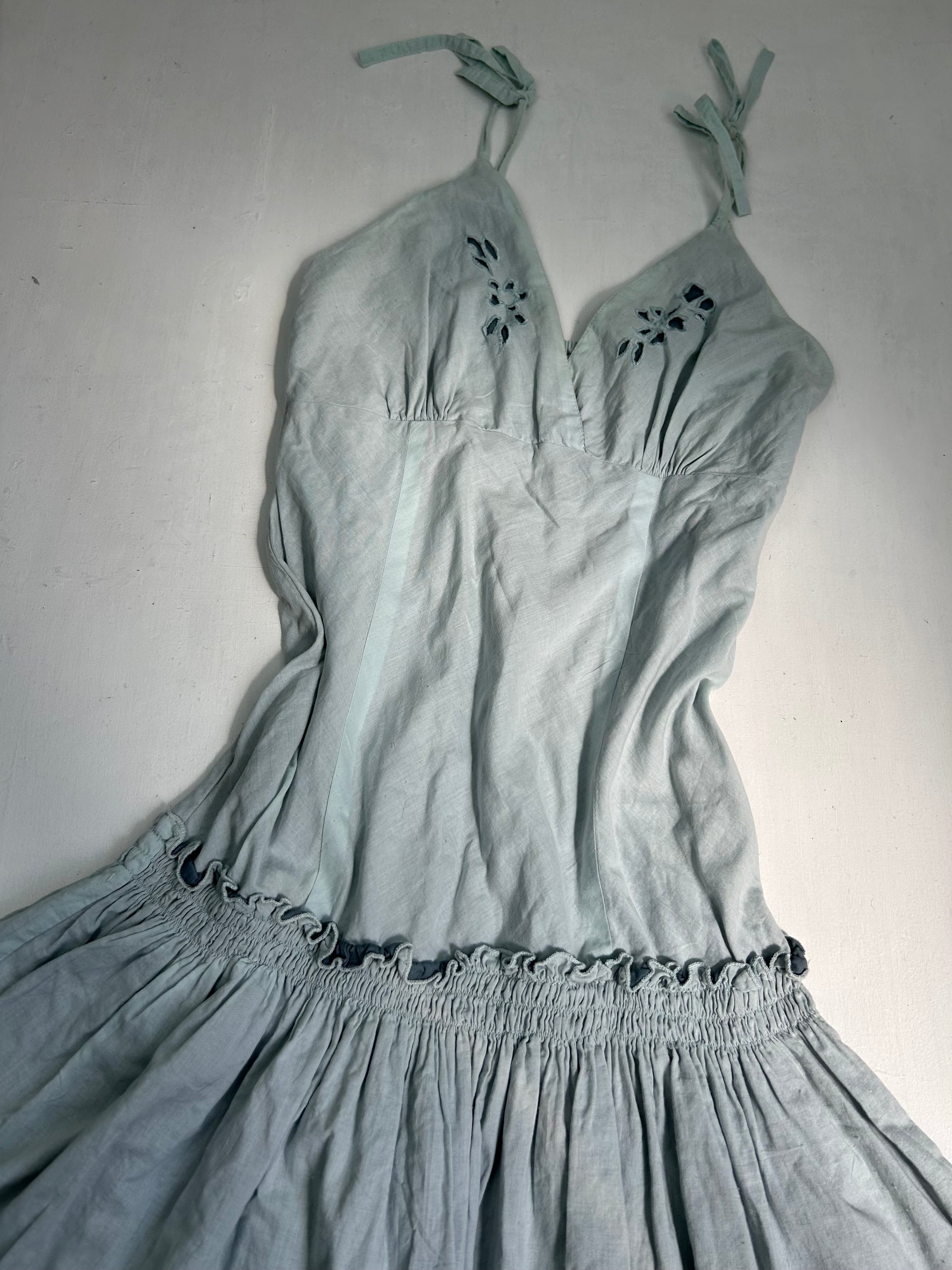 Light blue 100% cotton pleated mini dress (M)