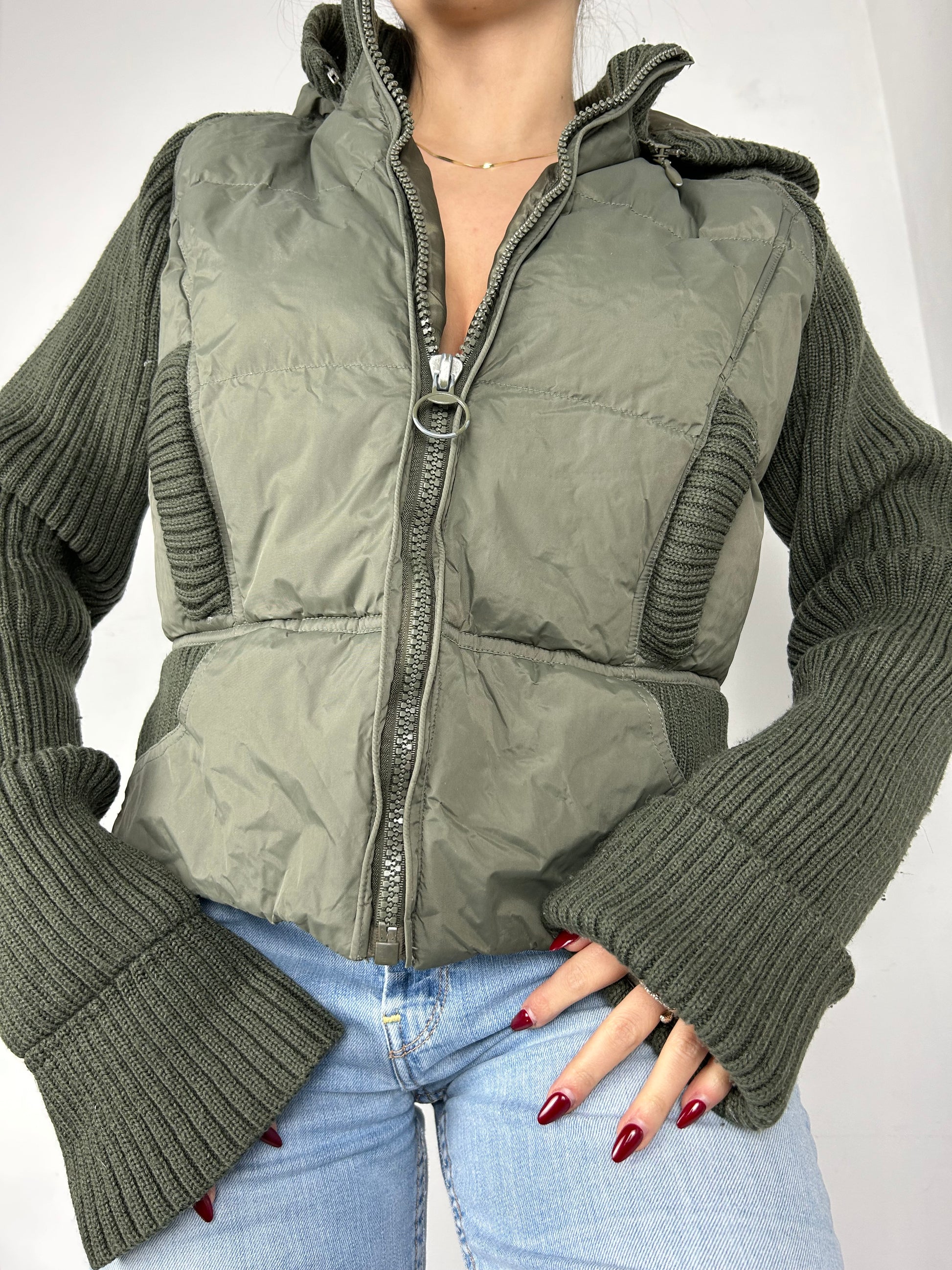 Khaki zip up puffer hoodie jacket (S/M)