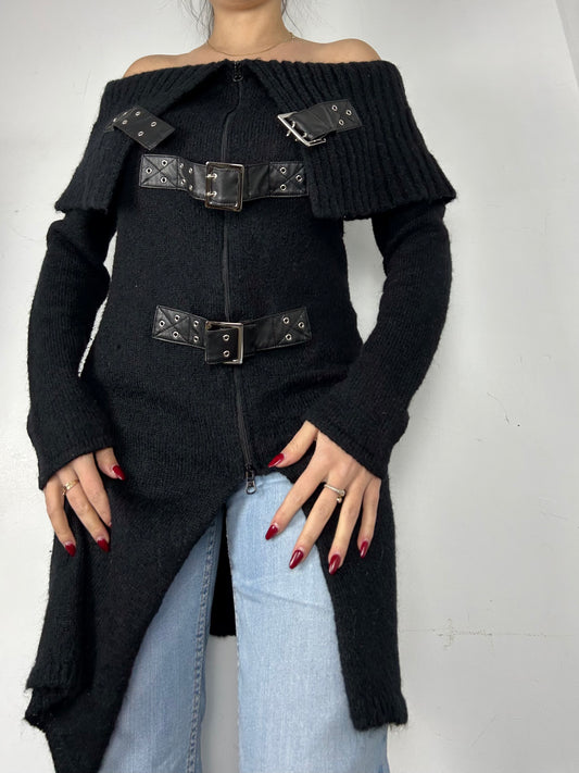 Black belt trench bardot jumper jacket (S/M)