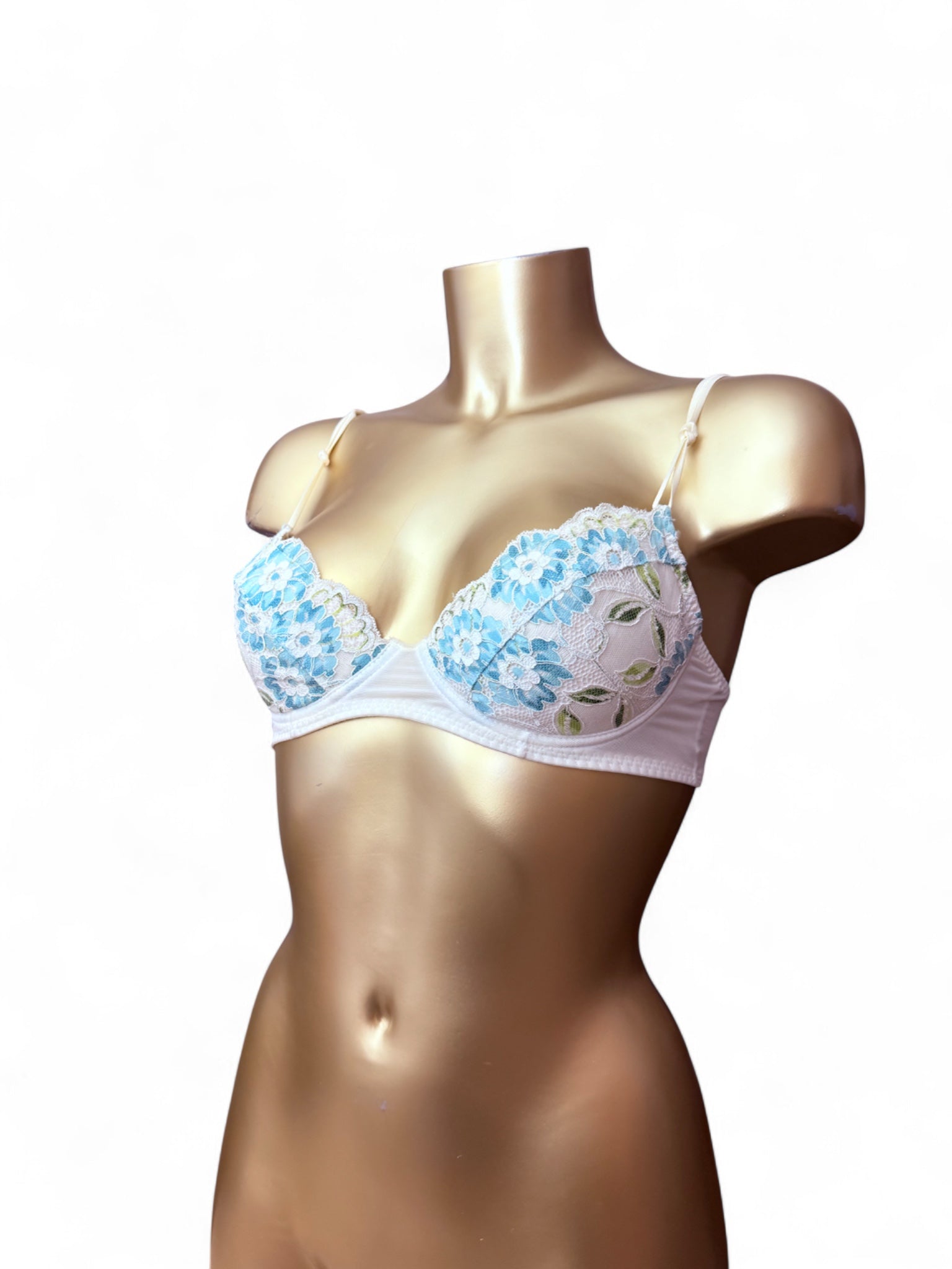 White floral print embroidered lace balcony bra (85B)