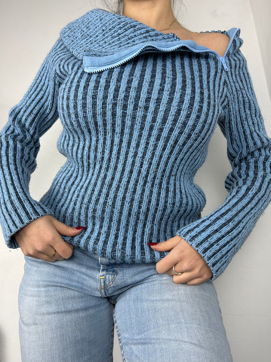 Blue zip ribbed jumper (S/M)