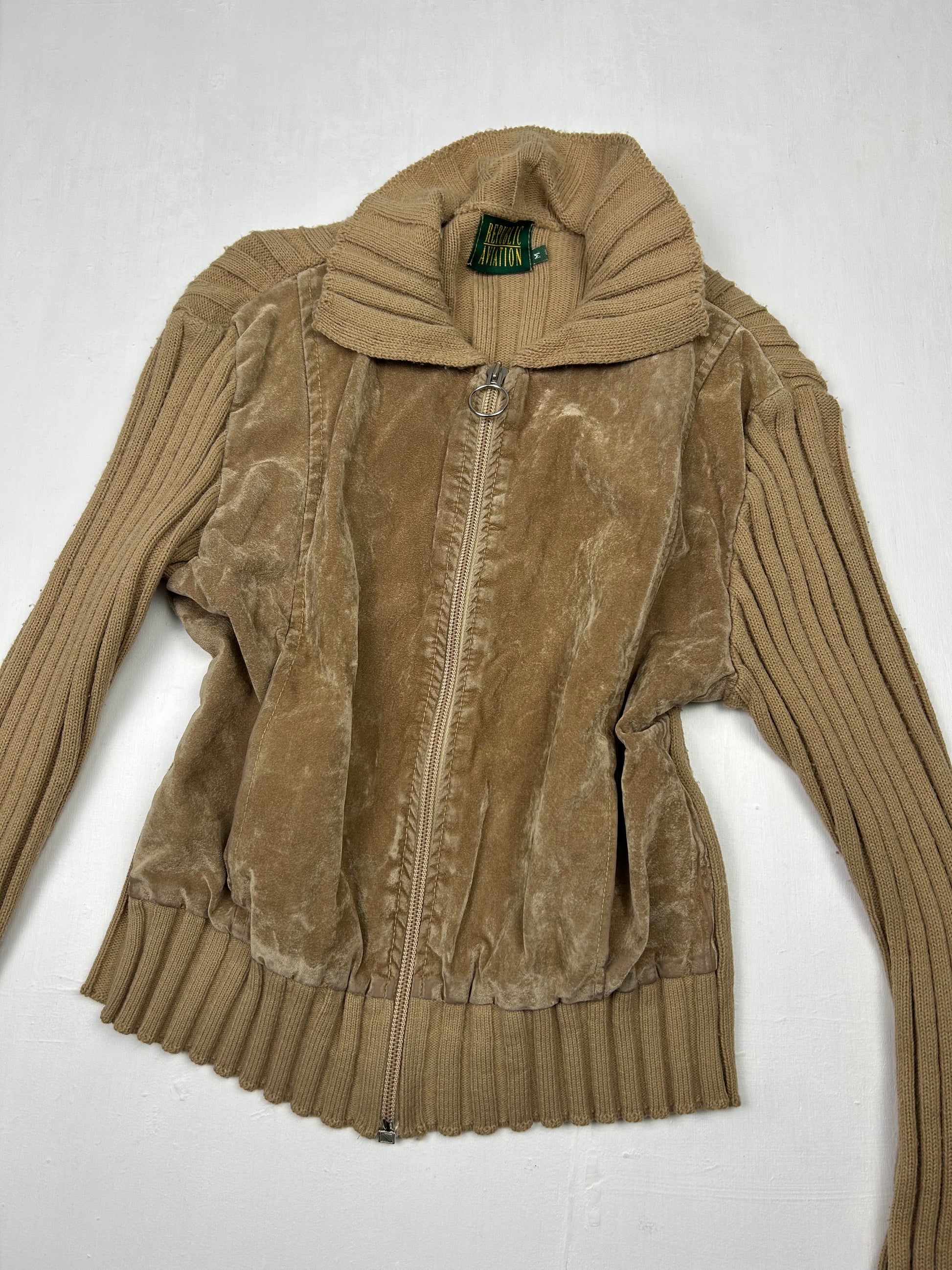 Beige suede bi fabric zip up biker hoodie jacket (S/M)