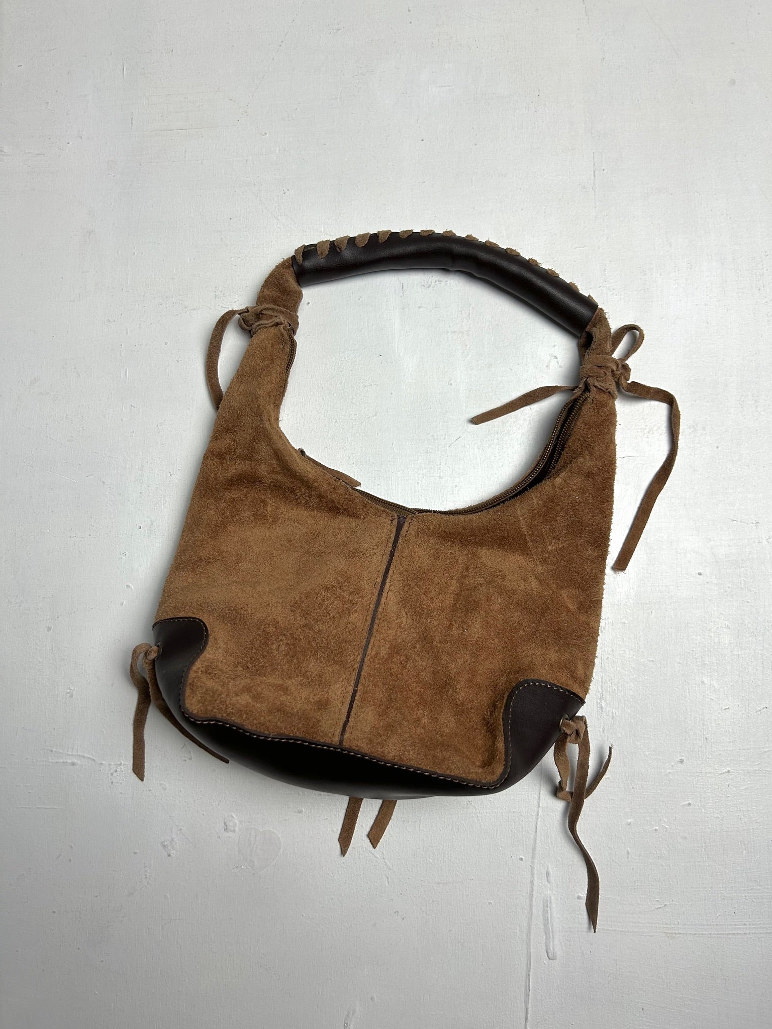 Beige camel suede lace up mini handbag