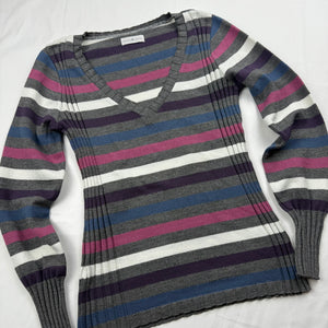 Grey striped V neck jumper (S/M)