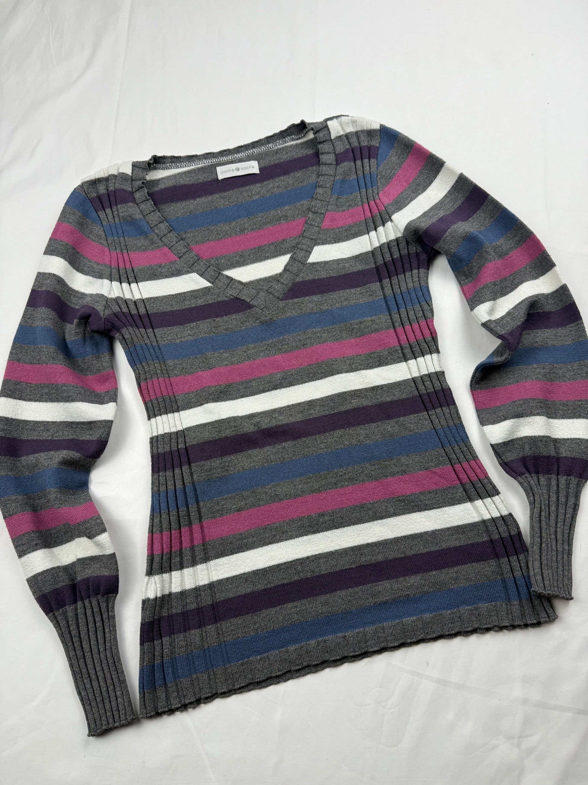 Grey striped V neck jumper (S/M)