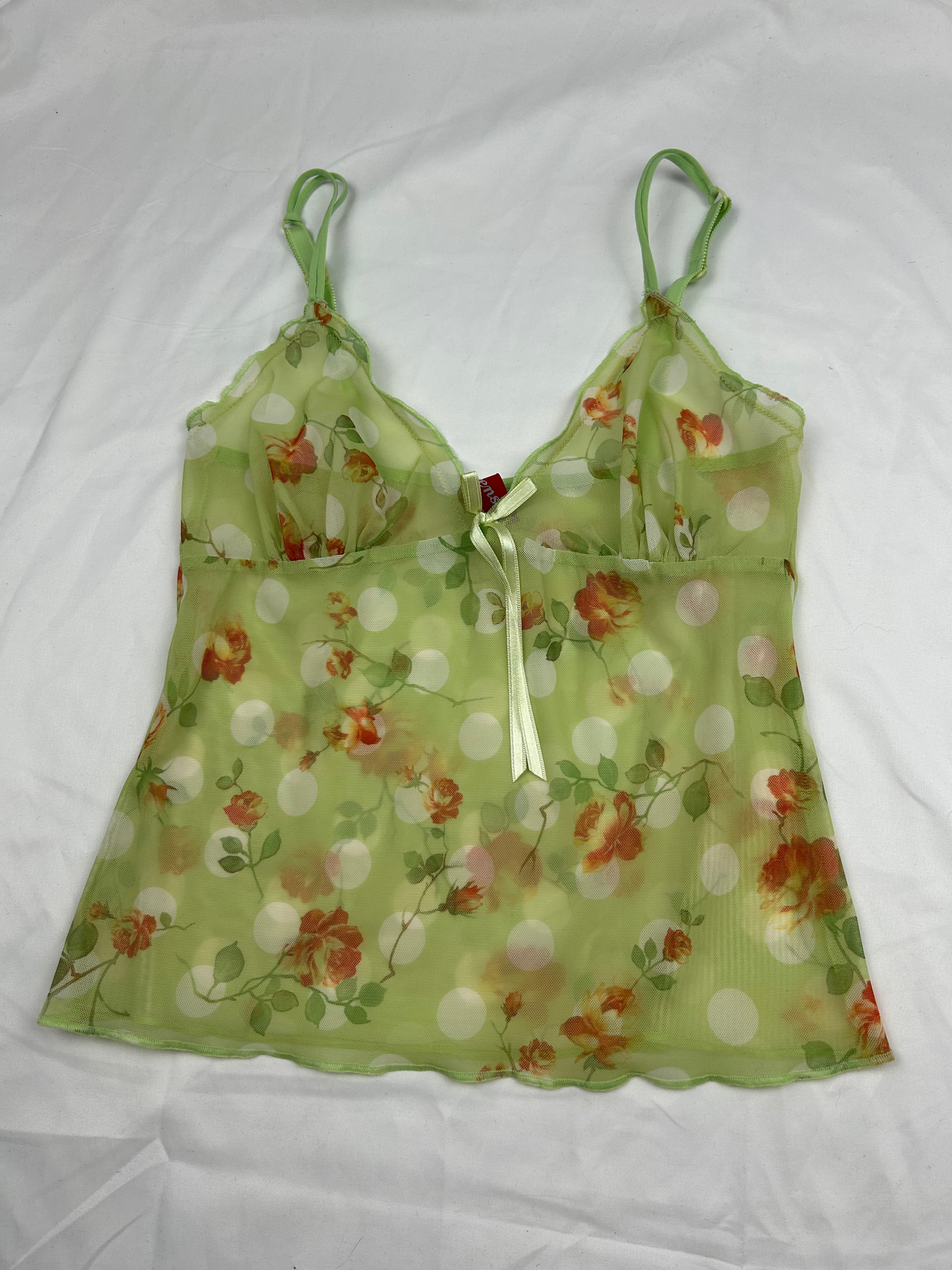 Green floral mesh cami top (S)