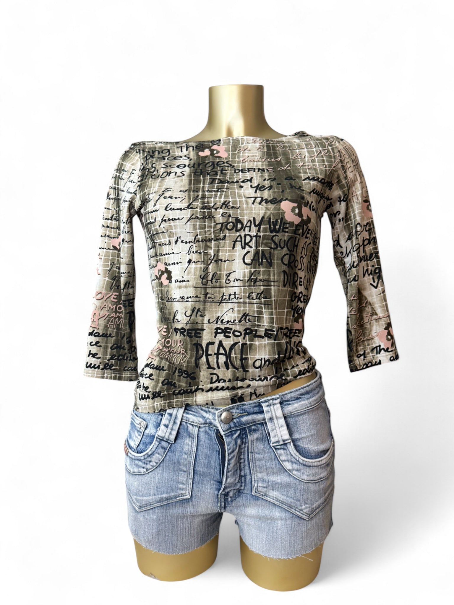 Khaki lycra graphic long sleeves top (S/M)