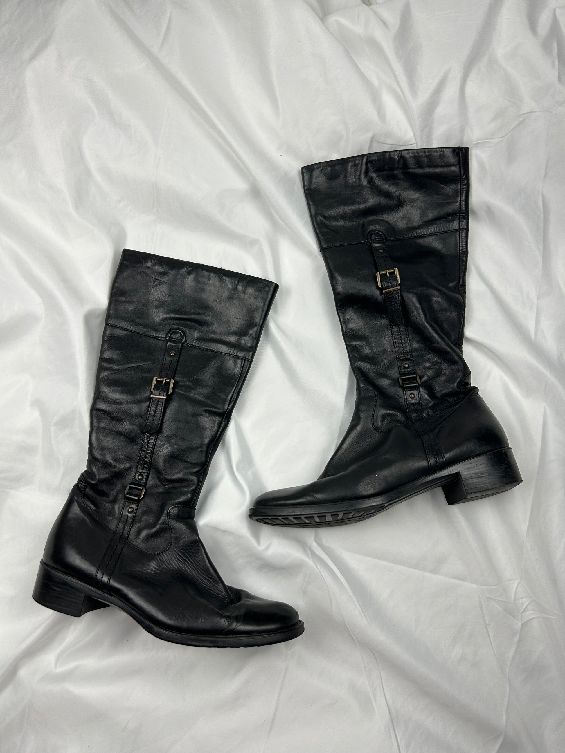 Black leather buckle knee high boots (41)