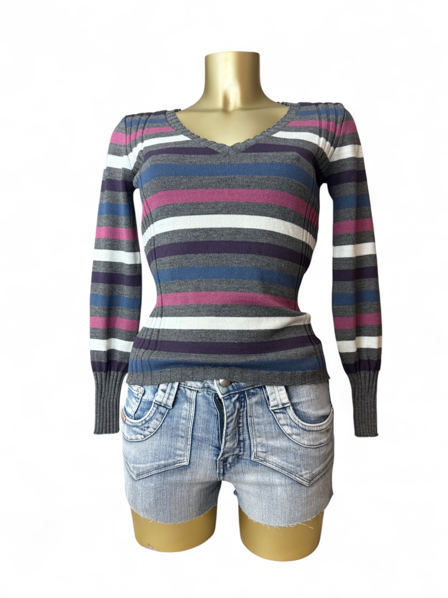 Grey striped V neck jumper (S/M)
