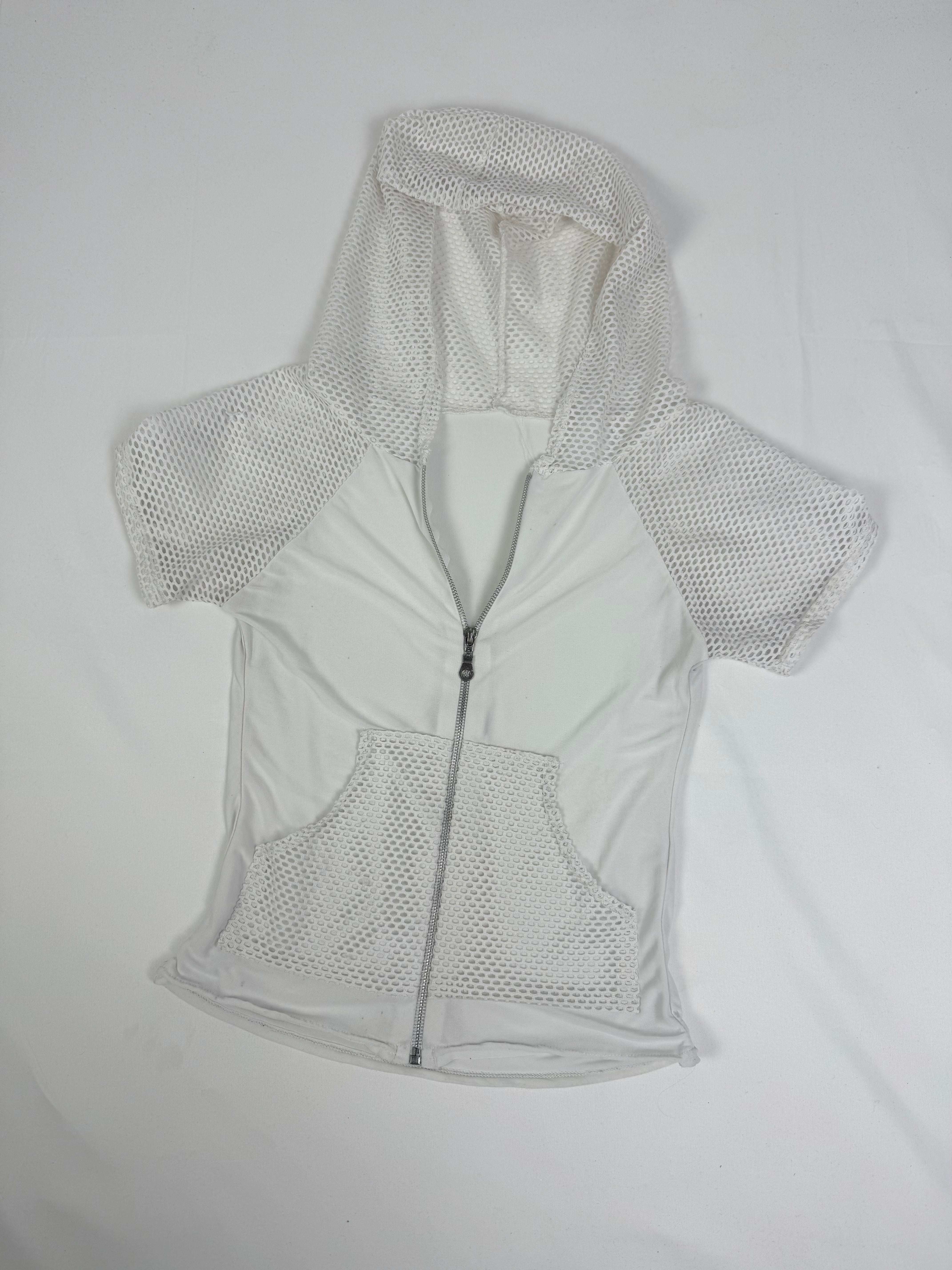White fishnet zip up sporty hooded tee  (S/M)