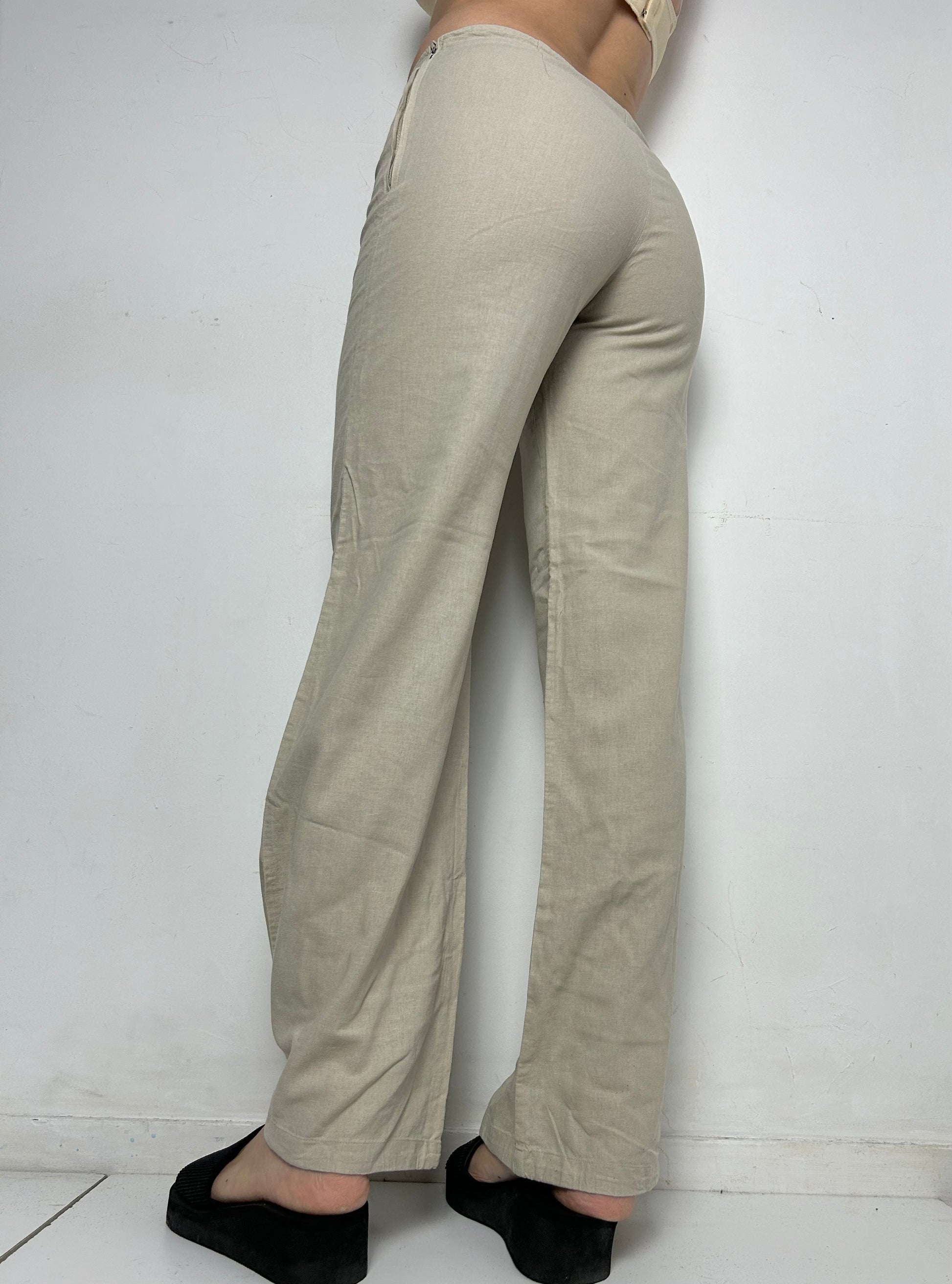 Beige linen  low waist baggy pants (S)