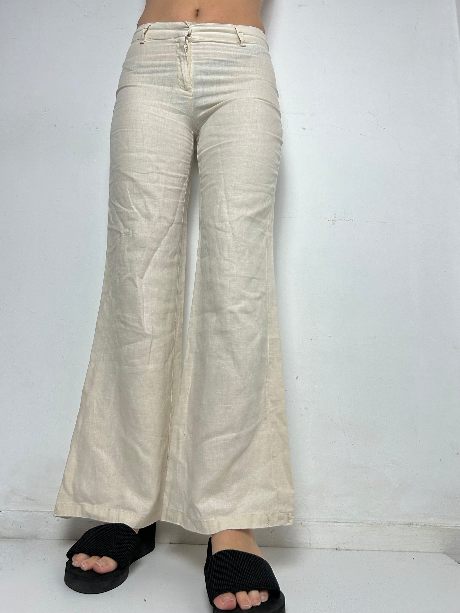 Beige cream linen  low waist baggy flare / bootcut pants (S)