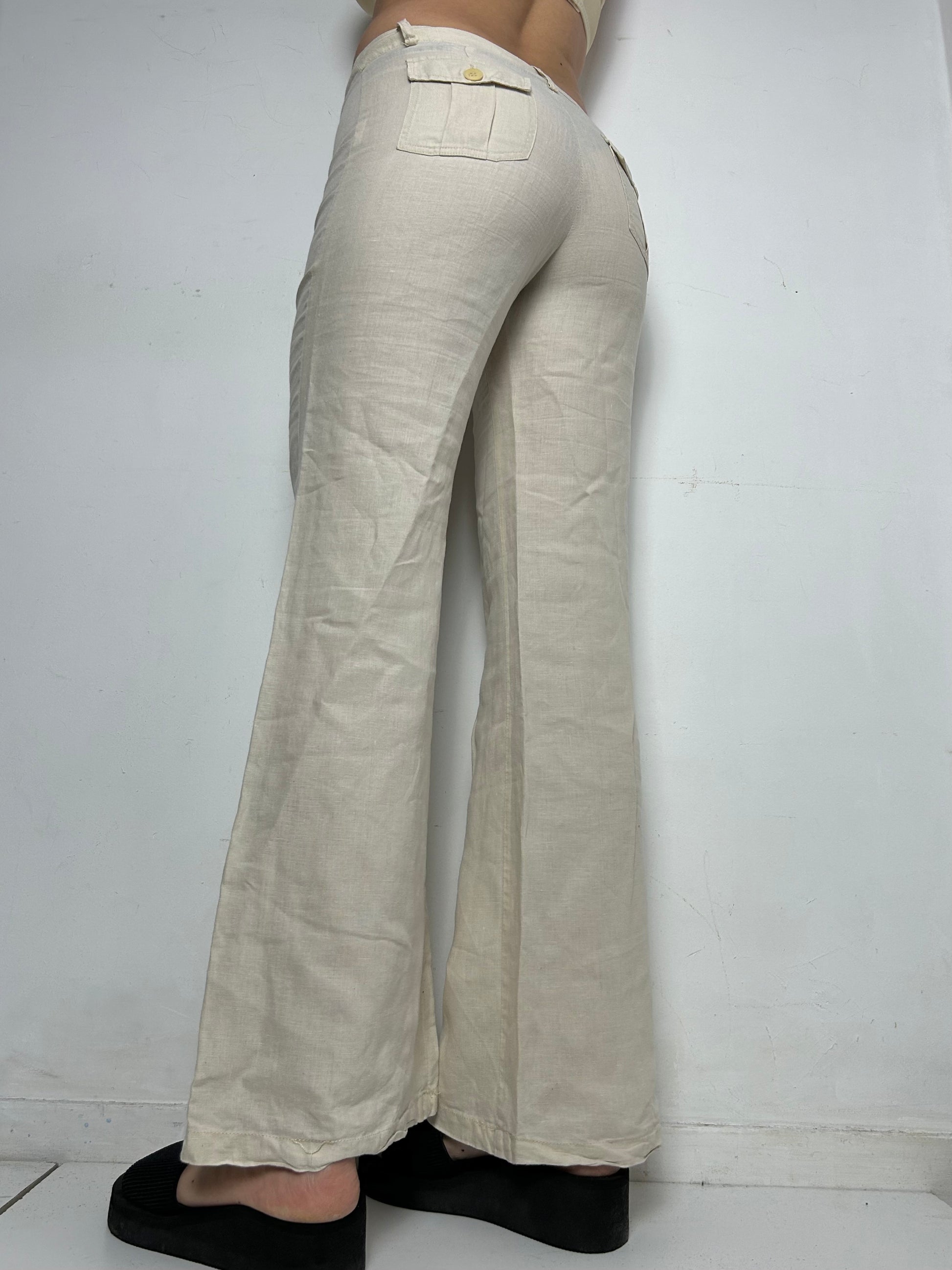 Beige cream linen  low waist baggy flare / bootcut pants (S)