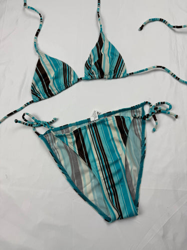 Blue tie up striped low rise bikini set (M)
